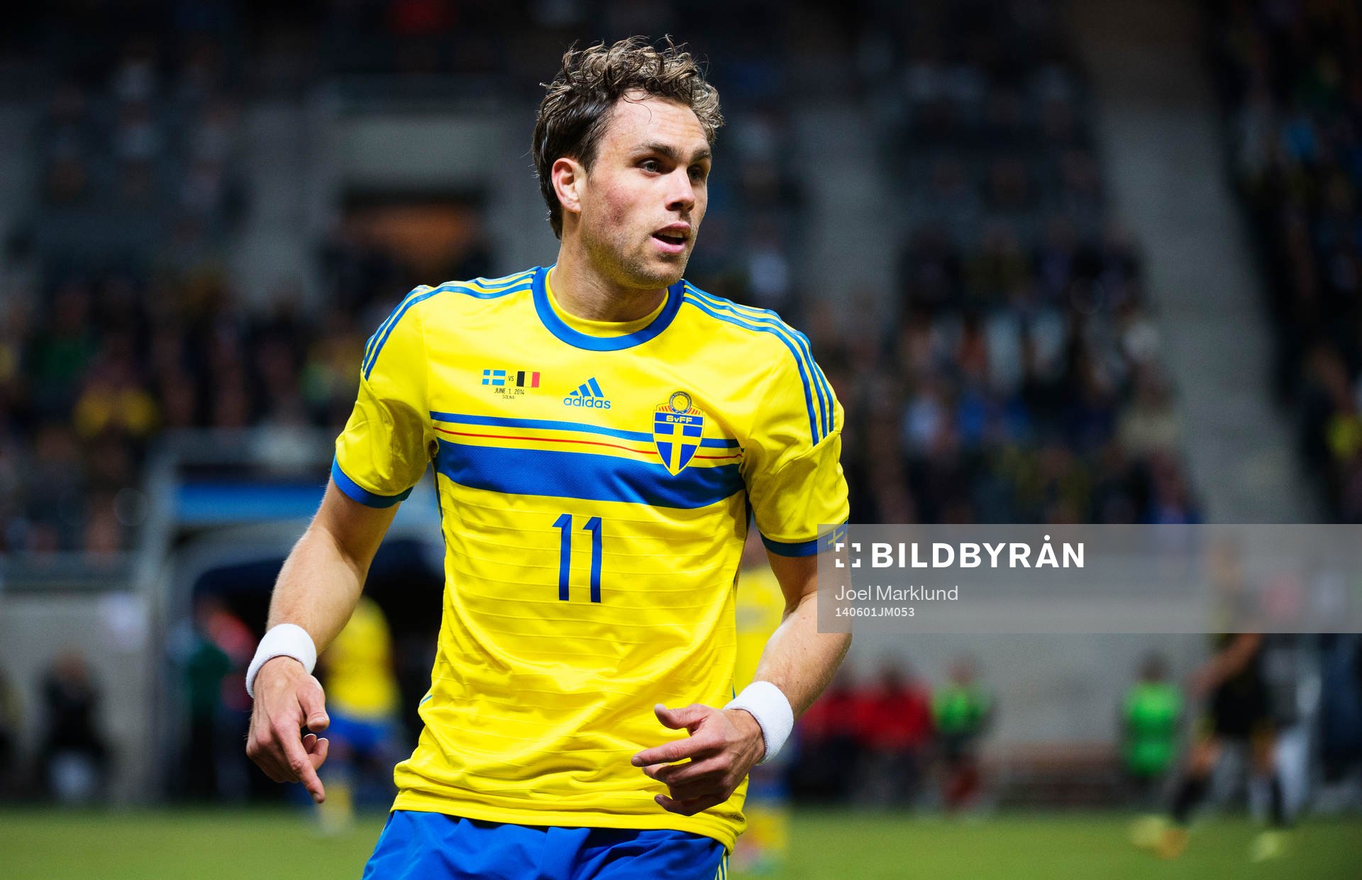 Sveriges Johan Elmander under fotbollslandskampen mellan Sverige och Belgien den 1 juni 2014 i Stockholm.