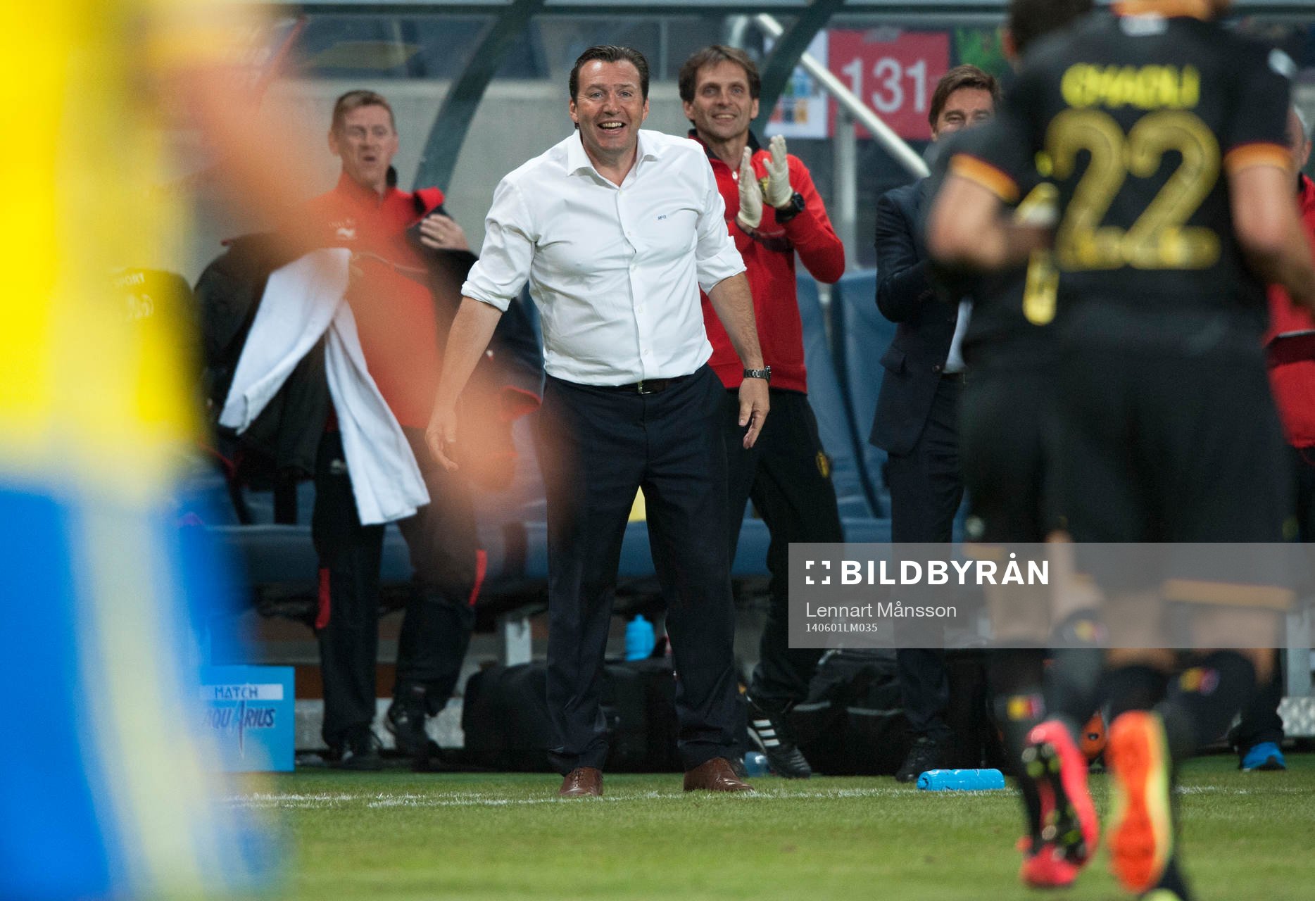 Belgiens förbundskapten Marc Wilmots jublar över 2-0 i träningslandskampen i mellan Sverige och Belgien i Stockholm 1 juni 2014.