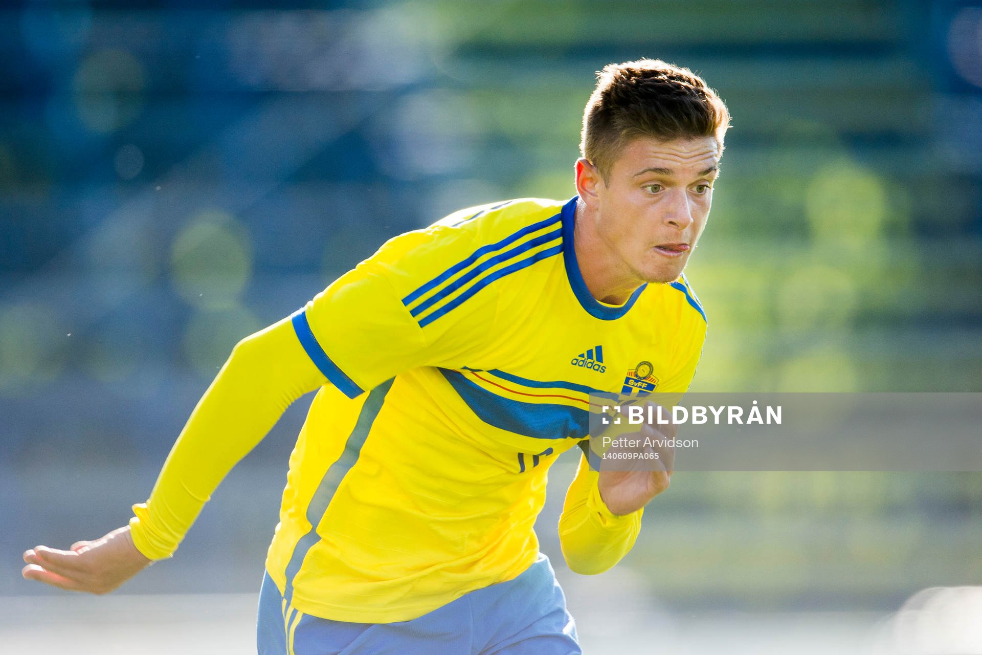 Sveriges Kristoffer Peterson under U21 fotbollslandskampen mellan Sverige och Slovakien den 9 juni 2014 i Trelleborg.