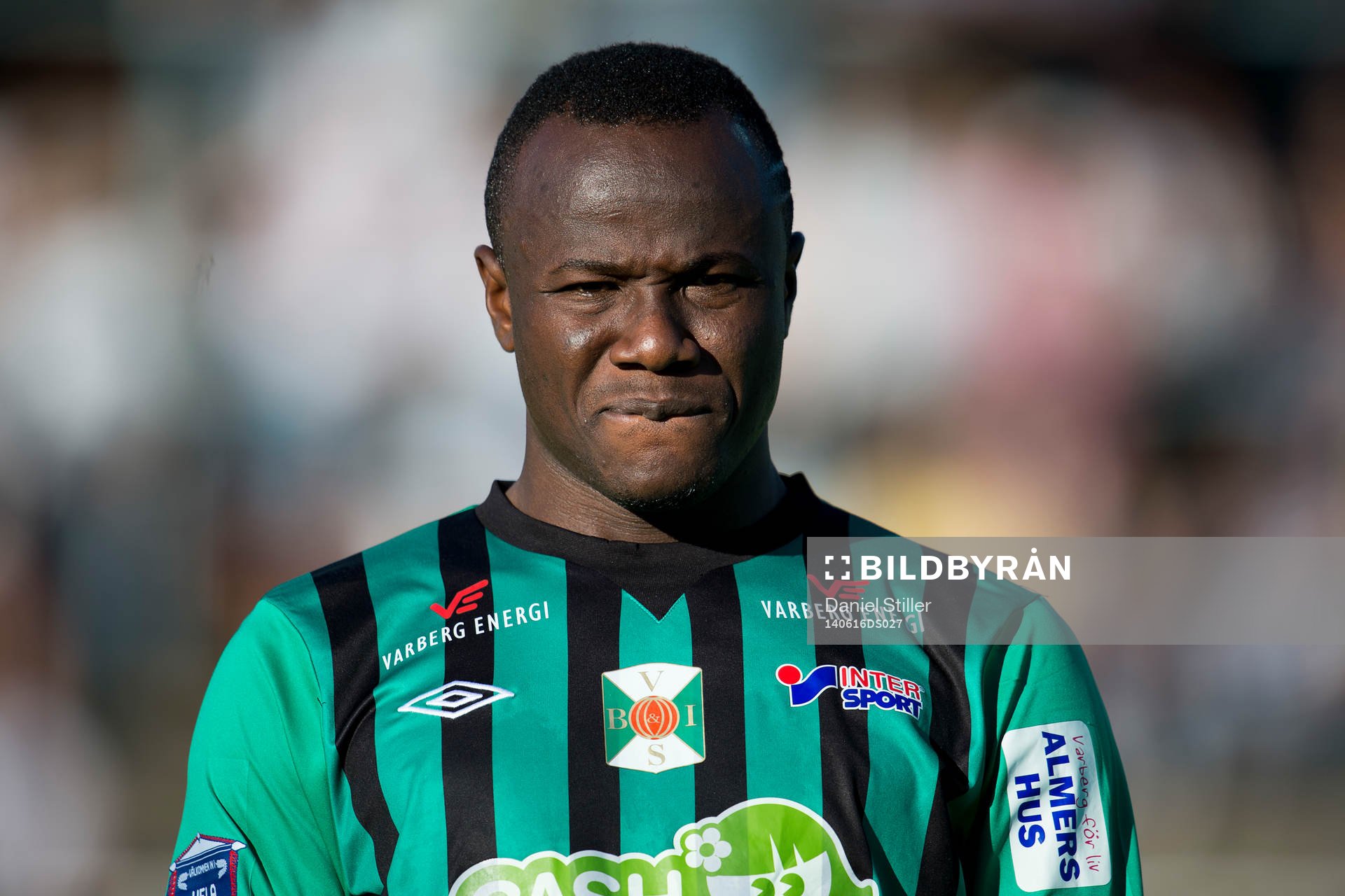 Varbergs Nsima Peter under fotbollsmatchen i Superettan mellan Varberg och Sundsvall den 16 juni 2014 i Varberg.