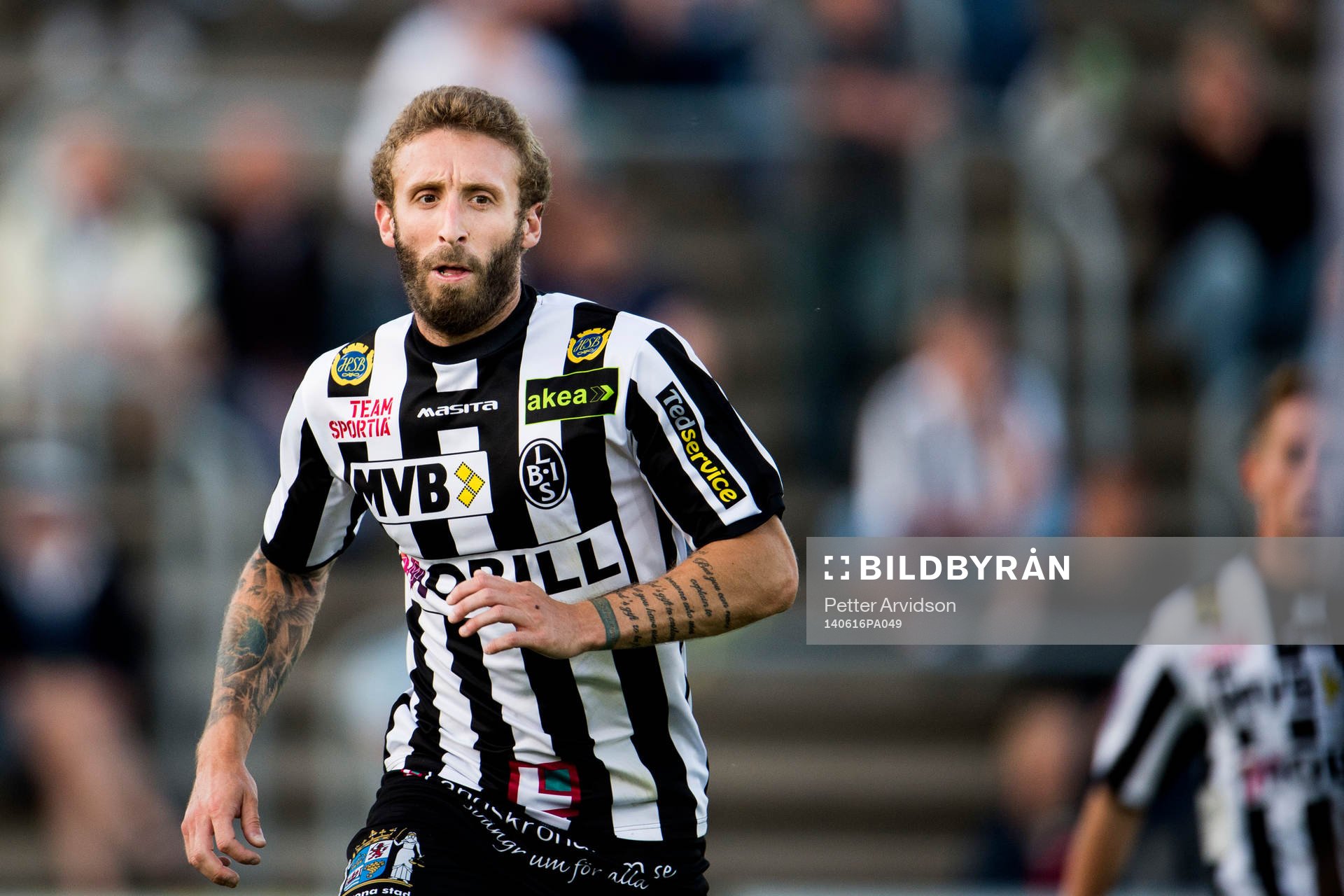 Landskronas Andrew Stadler under fotbollsmatchen i Superettan mellan Landskrona BOIS och Assyriska den 16 juni 2014 i Landskrona.