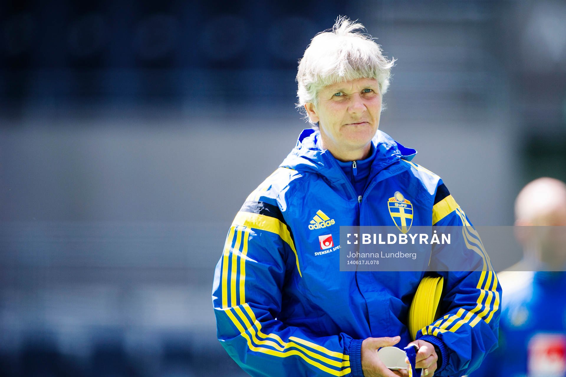  Sveriges förbundskapten Pia Sundhage under en träning inför VM-kvalmatchen mot Färöarna den 16 juni 2014 i Stockholm.