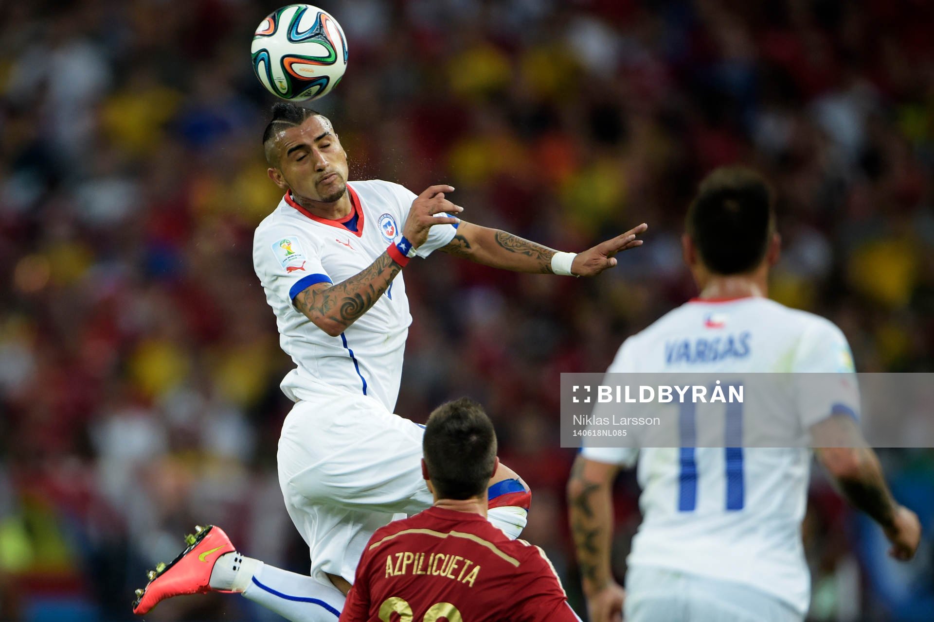 Chiles Arturo Vidal under fotbollsmatchen mellan Spanien och Chile under Fotbolls-VM den 18 juni 2014 i Rio de Janeiro.