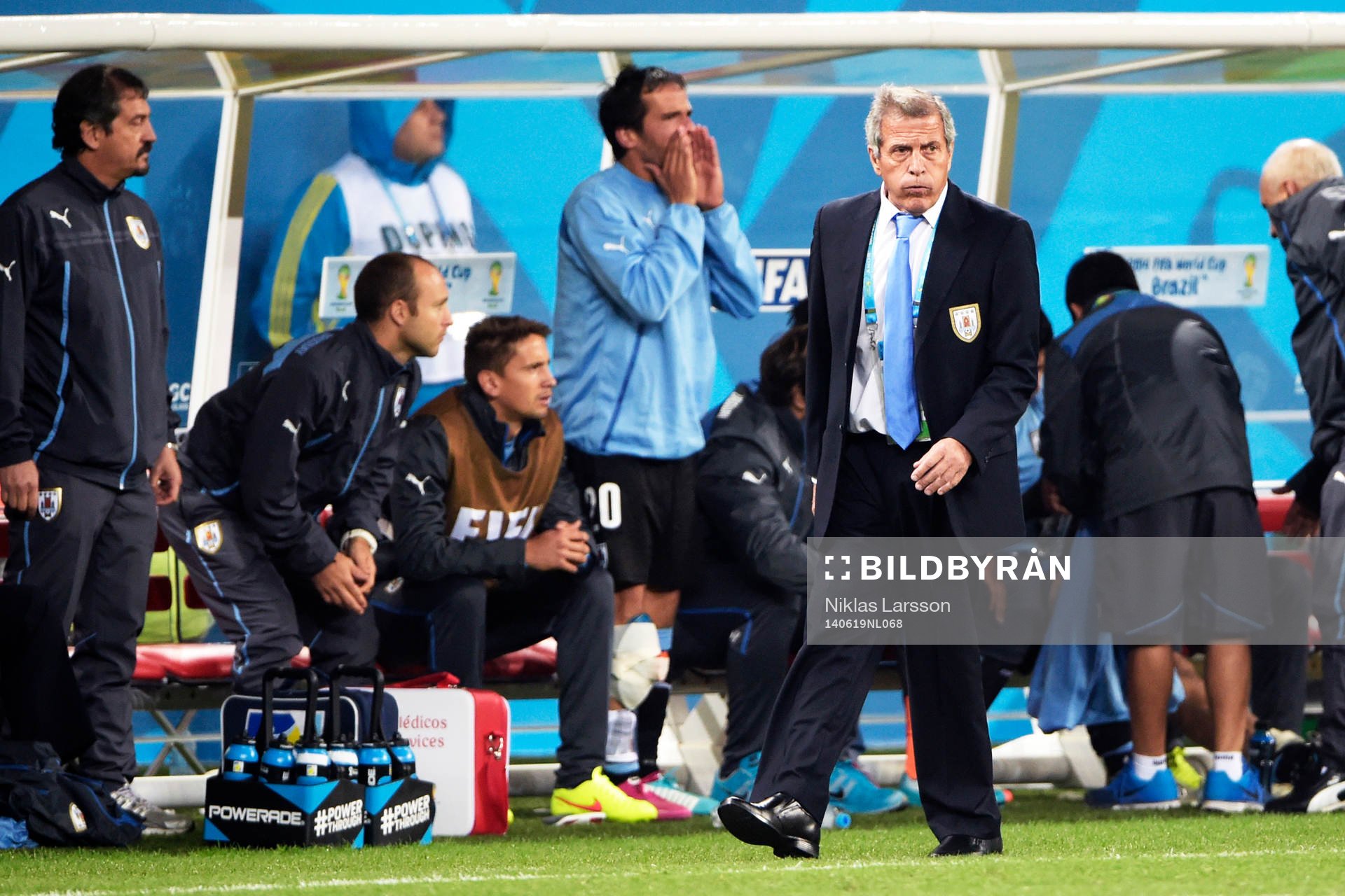 Uruguays förbundskapten Oscar Tabarez under fotbollsmatchen mellan England och Uruguay under Fotbolls-VM den 19 juni 2014 i Sao Paulo.