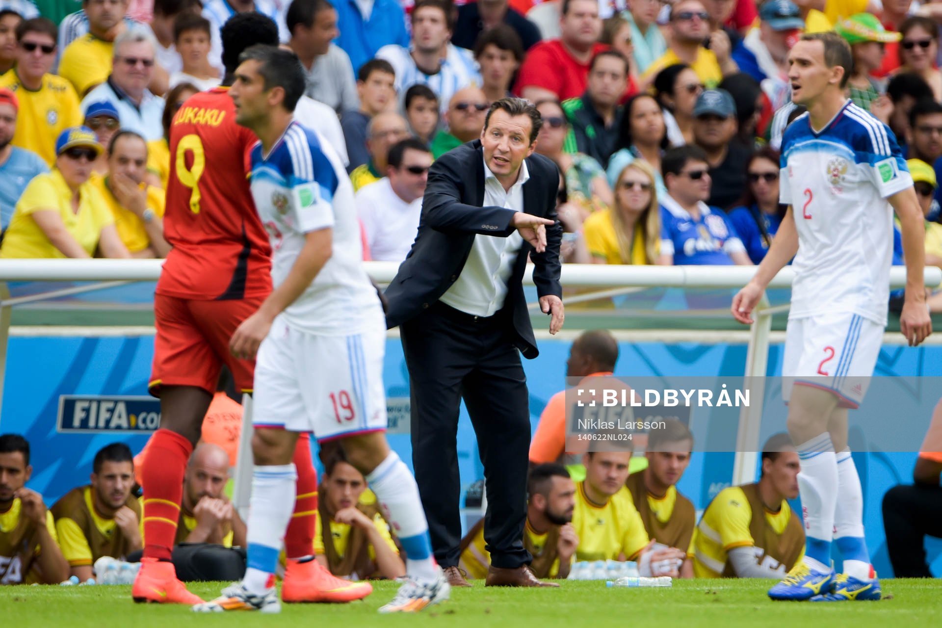 Belgiens förbundskapten Marc Wilmots under fotbollsmatchen mellan Belgien och Ryssland under fotbolls-VM den 22 juni 2014 i Rio de Janeiro.