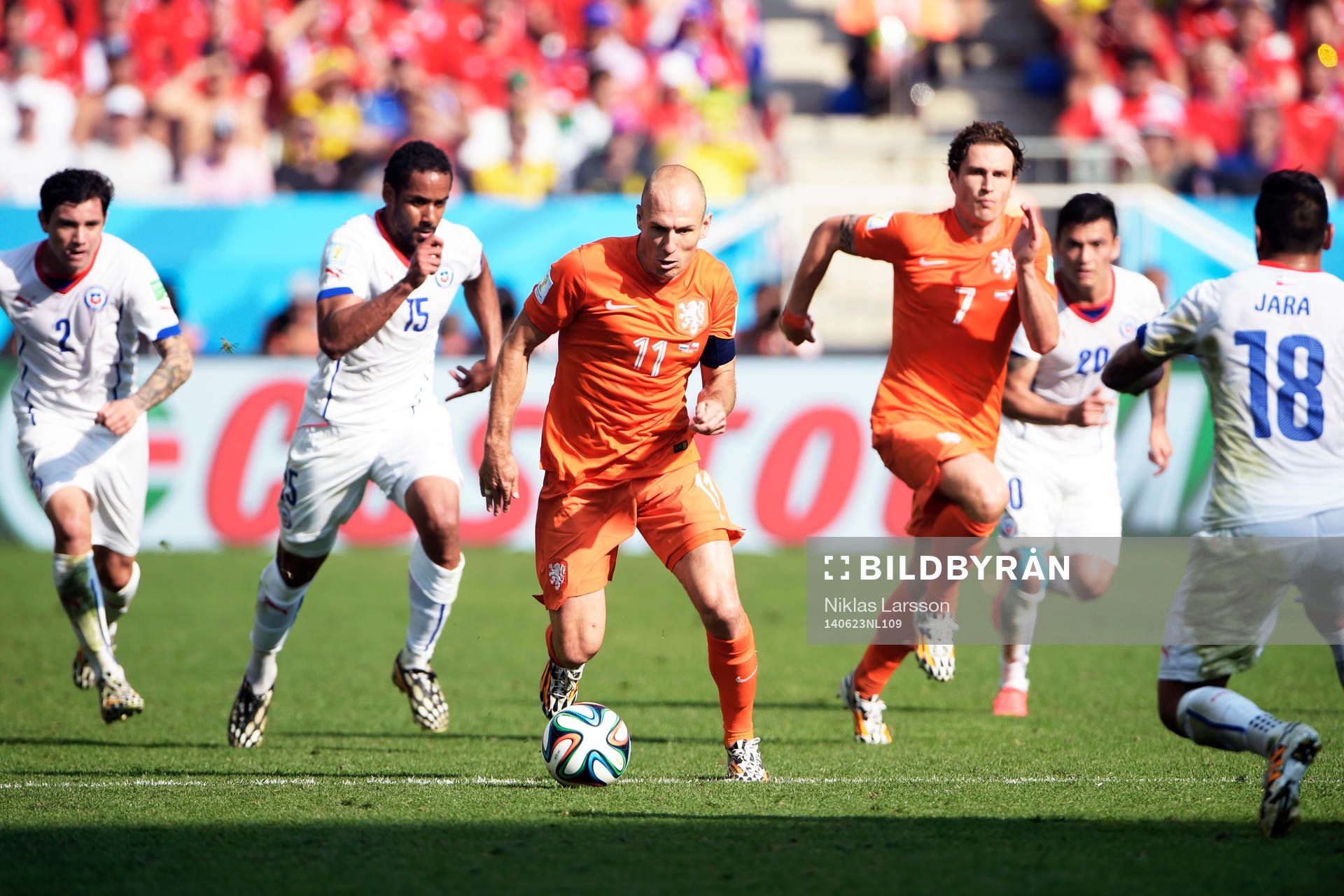 Hollands Arjen Robben under fotbollsmatchen mellan Holland och Chile under fotbolls-VM den 23 juni 2014 i Sao Paulo.