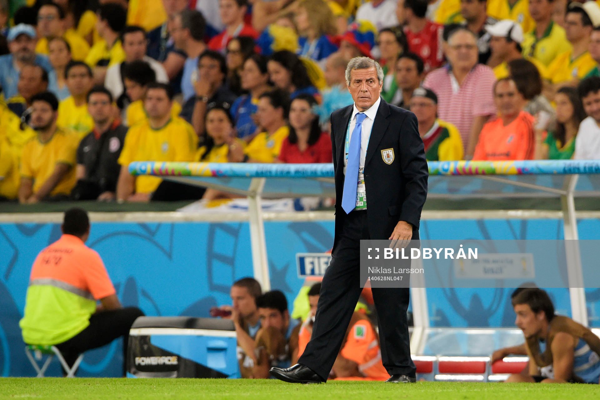 Uruguays förbundskapten Oscar Tabarez under fotbollsmatchen mellan Colombia och Uruguay under fotbolls-VM den 28 juni 2014 i Rio de Janeiro.