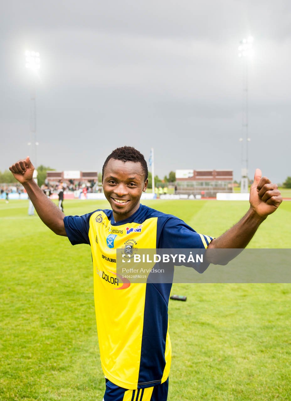 Ängelholms Samuel Monday som gjorde matchens enda mål jublar efter fotbollsmatchen i Superettan mellan Ängelholm och GAIS den 28 juni 2014 i Ängelholm.