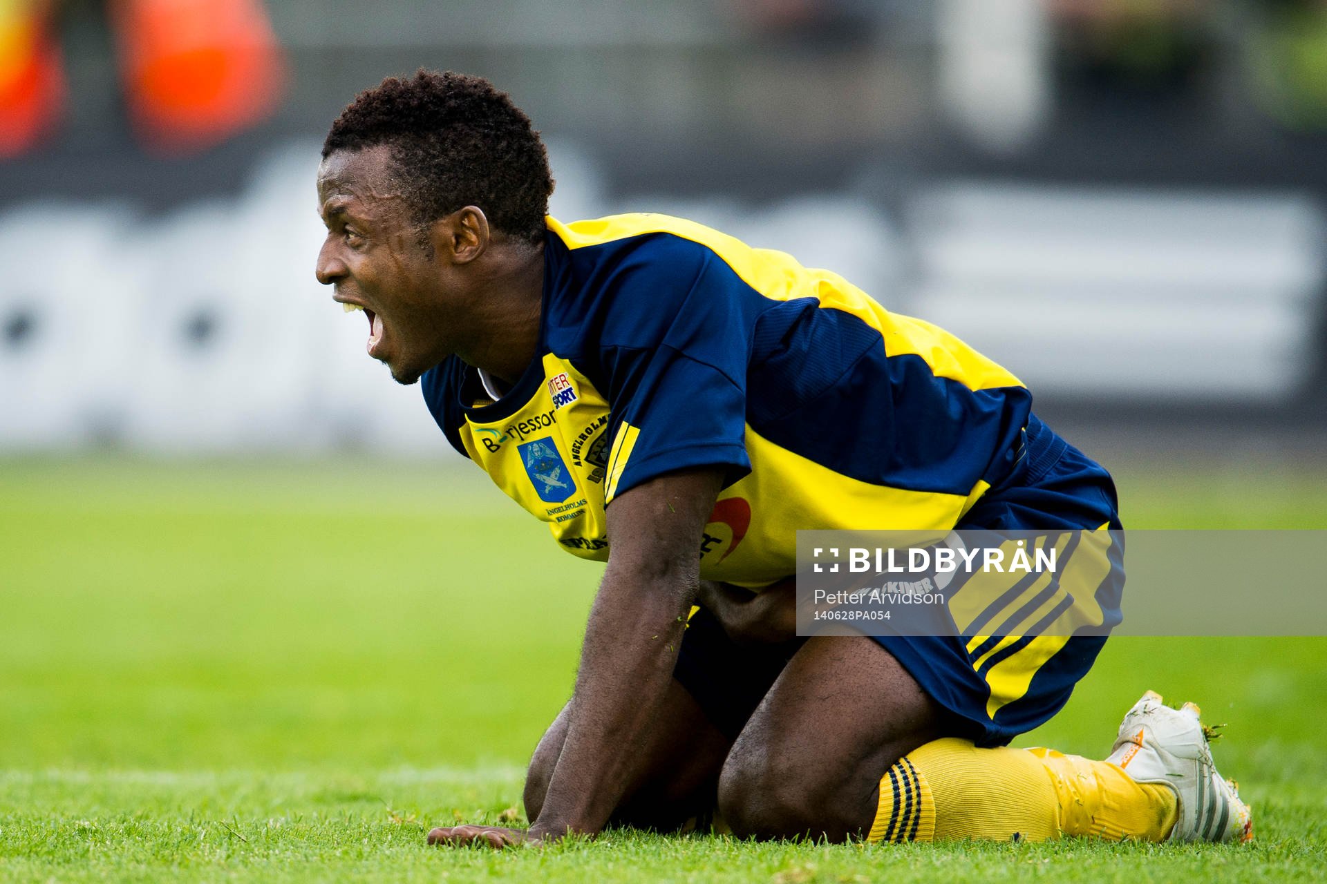 Ängelholms Samuel Monday har ont under fotbollsmatchen i Superettan mellan Ängelholm och GAIS den 28 juni 2014 i Ängelholm.