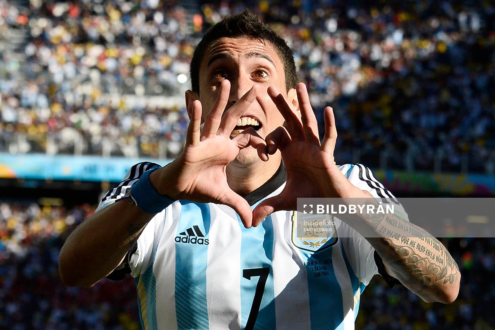  Fotbolls-VM 2014, Dag 20, Argentina - Schweiz: Esultanza Angel di Maria Argentina dopo il gol. Goal celebration 