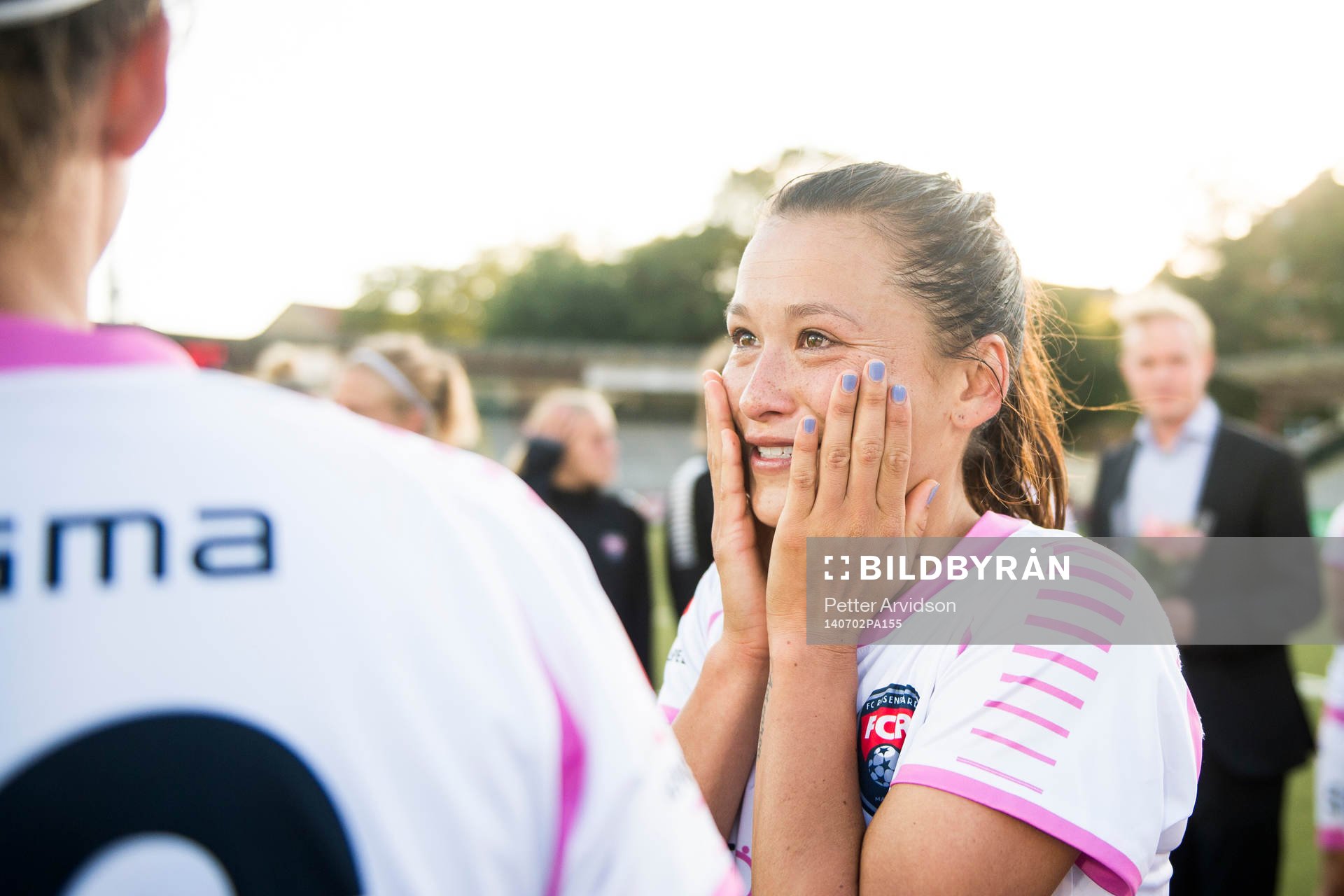 Rosengårds Alexandra Riley är ledsen över att Rosengårds tränare Jonas Eidevall gjorde sin sista match som tränare för laget under fotbollsmatchen i Damallsvenskan mellan FC Rosengård och Piteå den 2 juli 2014 i Malmö.
