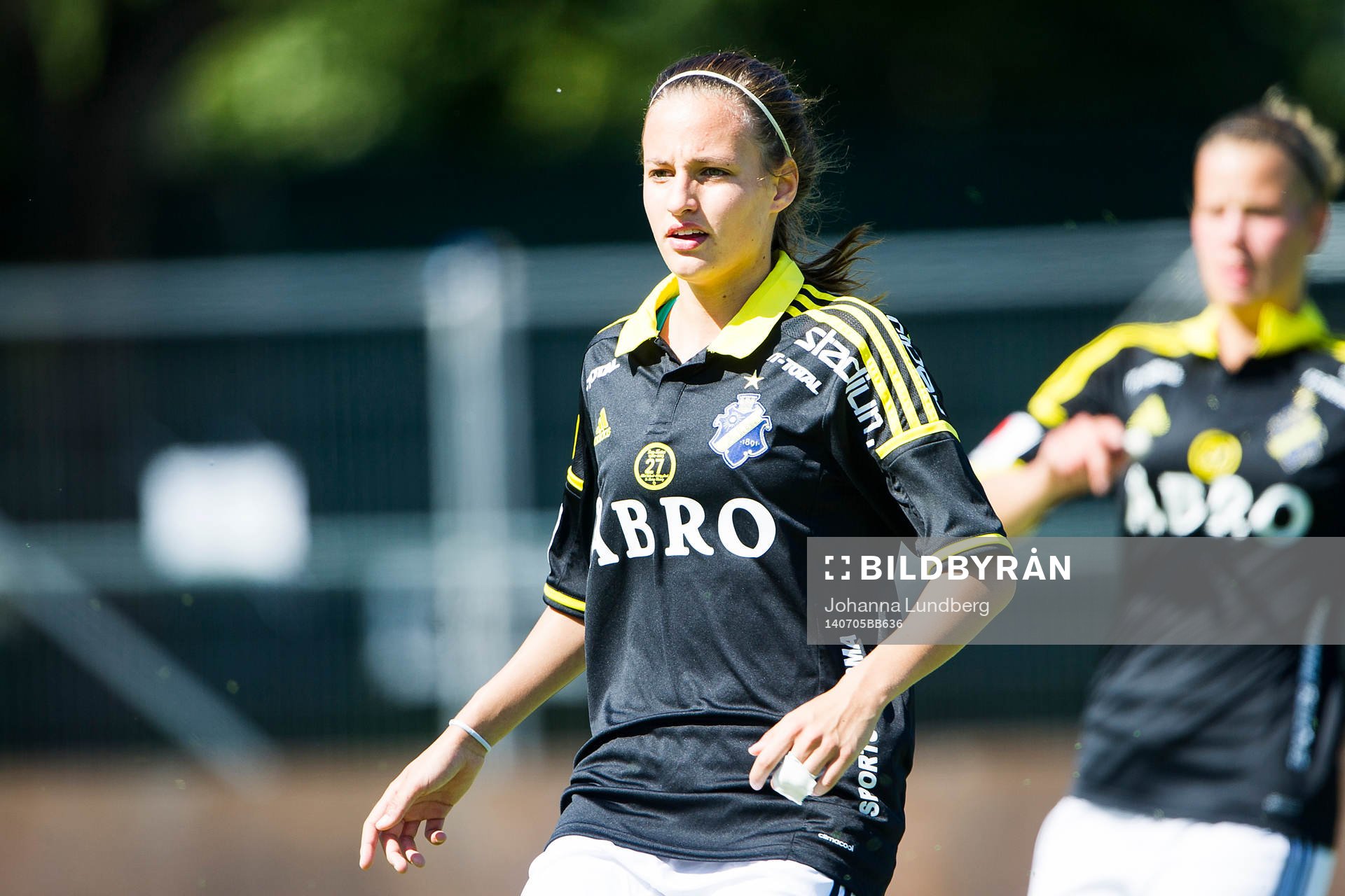 AIKs Nathalie Björn under fotbollsmatchen i Damallsvenskan mellan AIK och Eskilstuna den 5 juli 2014 i Stockholm. 
