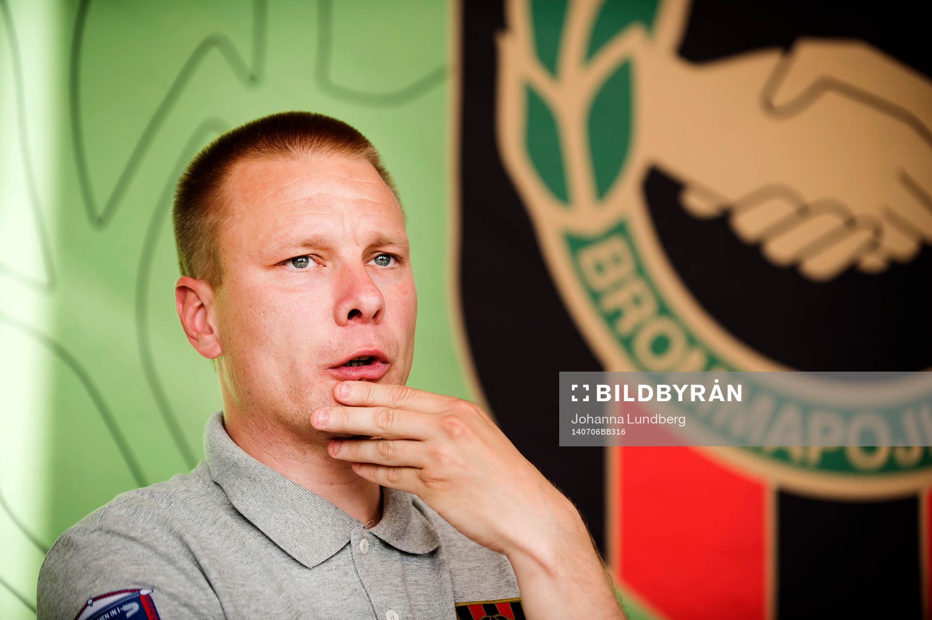 Brommapojkarnas tränare Stefan Billborn under en presskonferens efter fotbollsmatchen i Allsvenskan mellan Brommapojkarna och Malmö FF den 6 juli 2014 i Stockholm.
