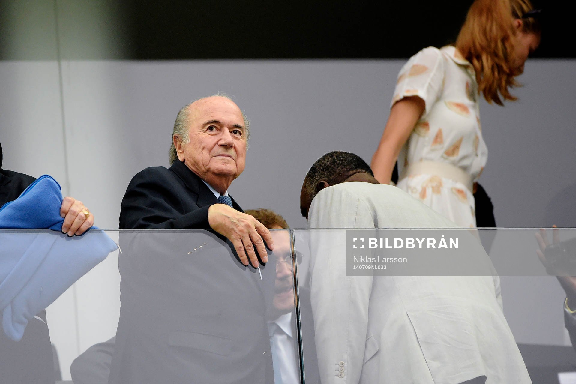 FIFAS president Sepp Blatter på läktaren under semifinalen mellan Argentina och Holland under fotbolls-VM den 9 juli 2014 i Sao Paulo.
