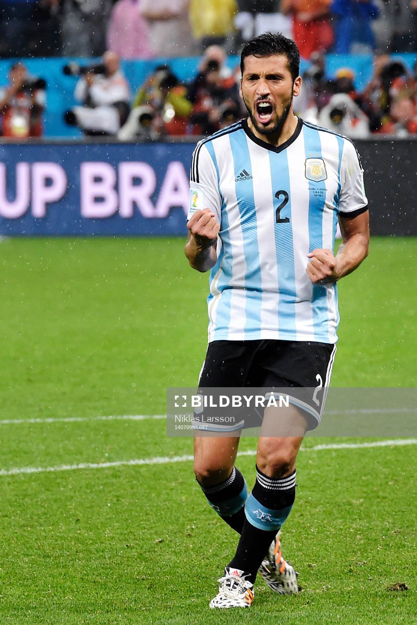  Argentinas Ezequiel Garay jublar under semifinalen mellan Argentina och Holland under fotbolls-VM den 9 juli 2014 i Sao Paulo. 