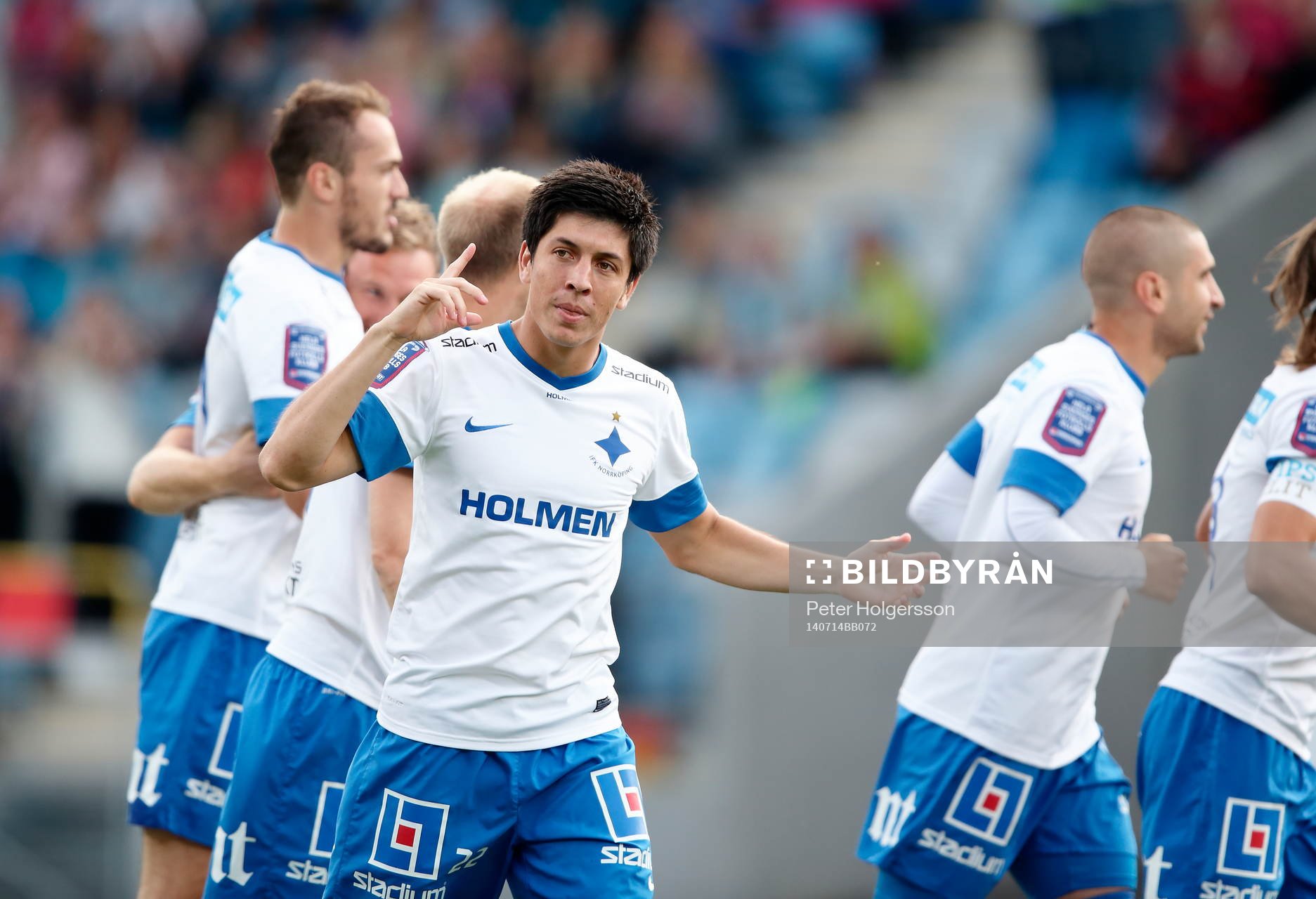 Norrköpings Christopher Meneses Barrantes under fotbollsmatchen i Allsvenskan mellan Norrköping och Djurgården den 14 juli 2014 i Norrköping.