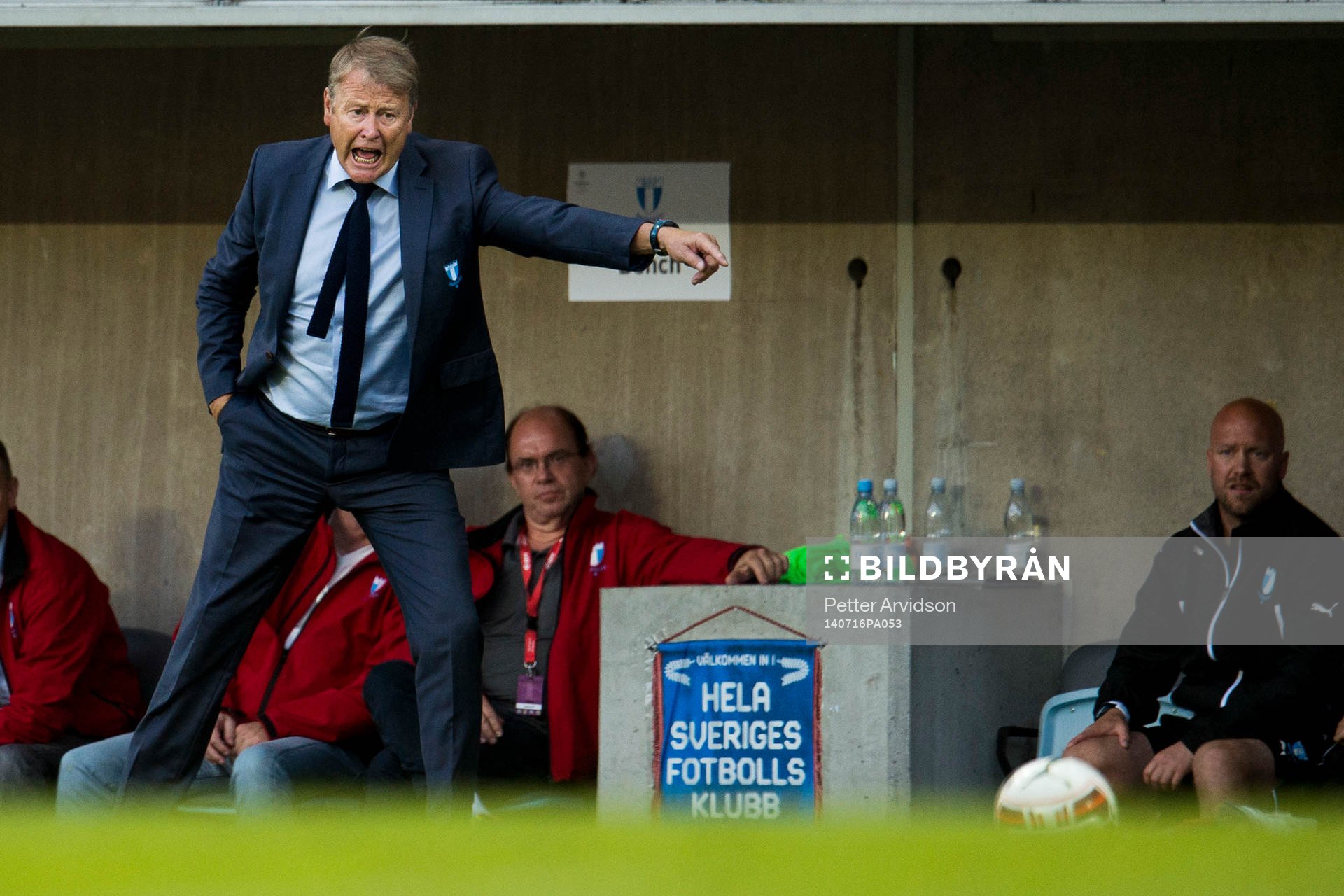 Malmö FFs tränare Åge Hareide under fotbollsmatchen mellan Malmö FF och FK Ventspils i kvalet till Champions League den 16 juli 2014 i Malmö.
