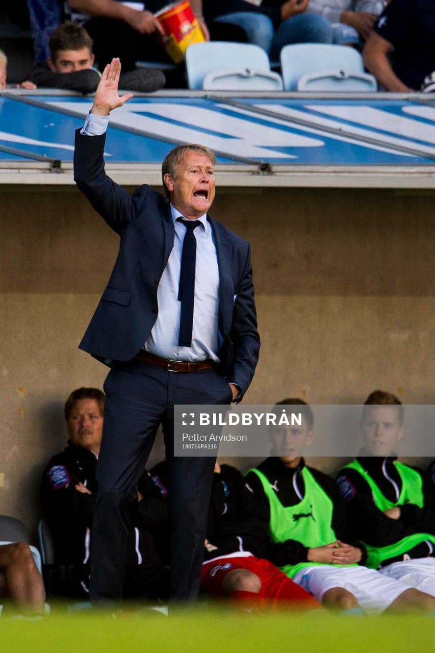 Malmö FFs tränare Åge Hareide under fotbollsmatchen mellan Malmö FF och FK Ventspils i kvalet till Champions League den 16 juli 2014 i Malmö.