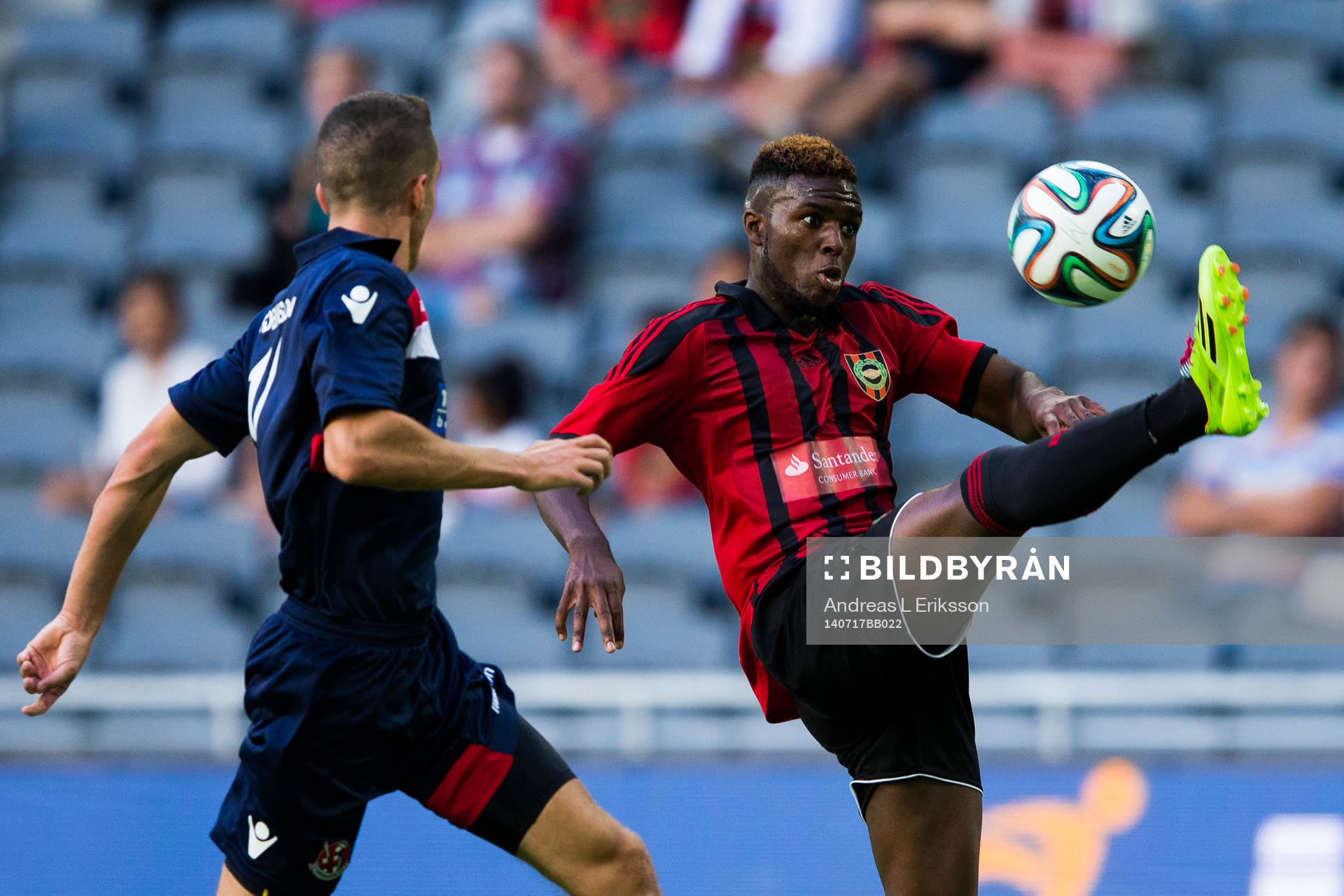 Brommapojkarnas Christian Kouakou under fotbollsmatchen i kvalet till Europa League mellan Brommapojkarna - Crusaders den 17 juli 2014 i Stockholm.