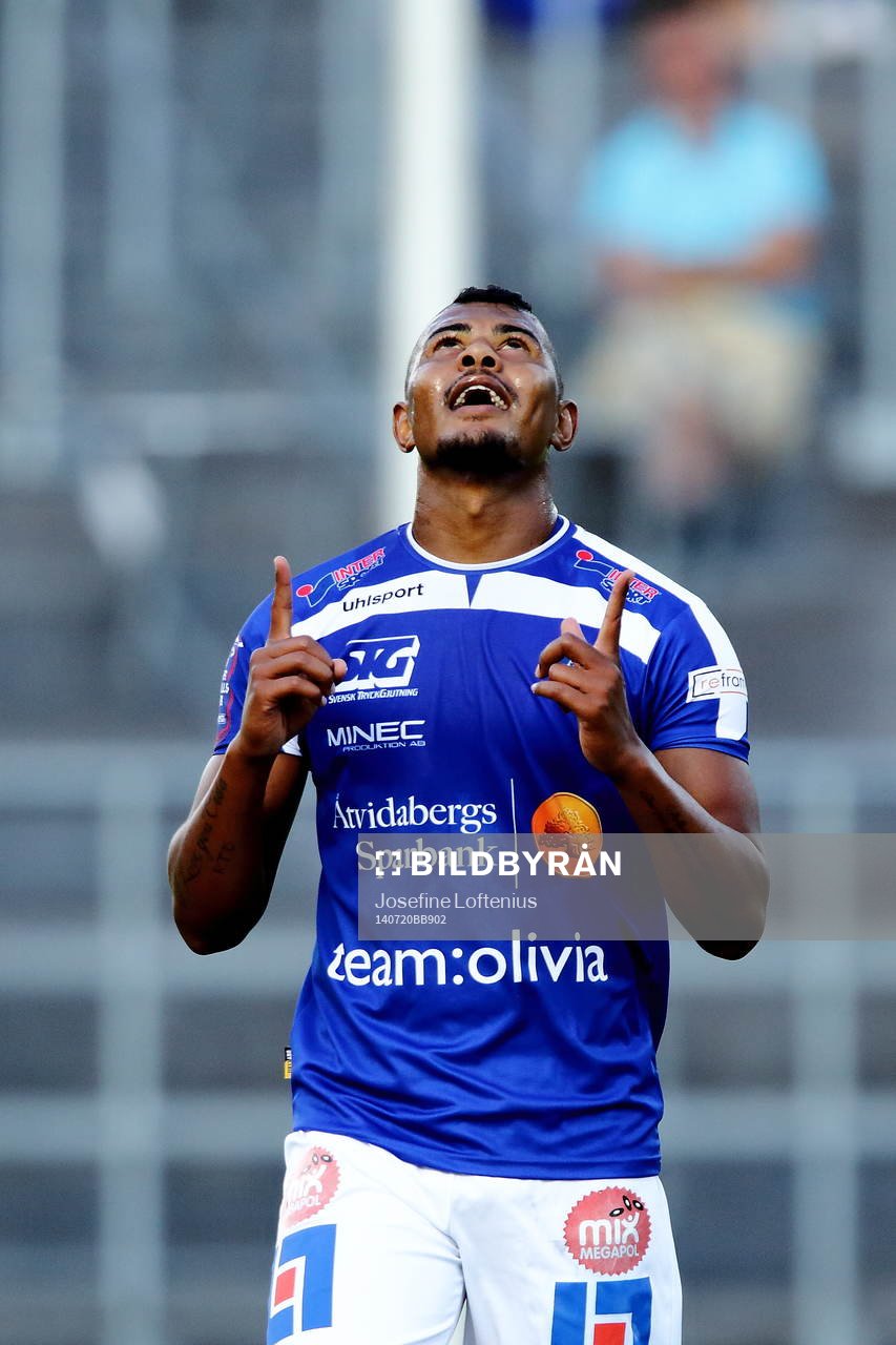 Åtvidabergs Ricardo Santos har precis gjort mål och 1-0 under fotbollsmatchen i Allsvenskan mellan Åtvidaberg och Brommapojkarna den 20 juli 2014 i Åtvidaberg.