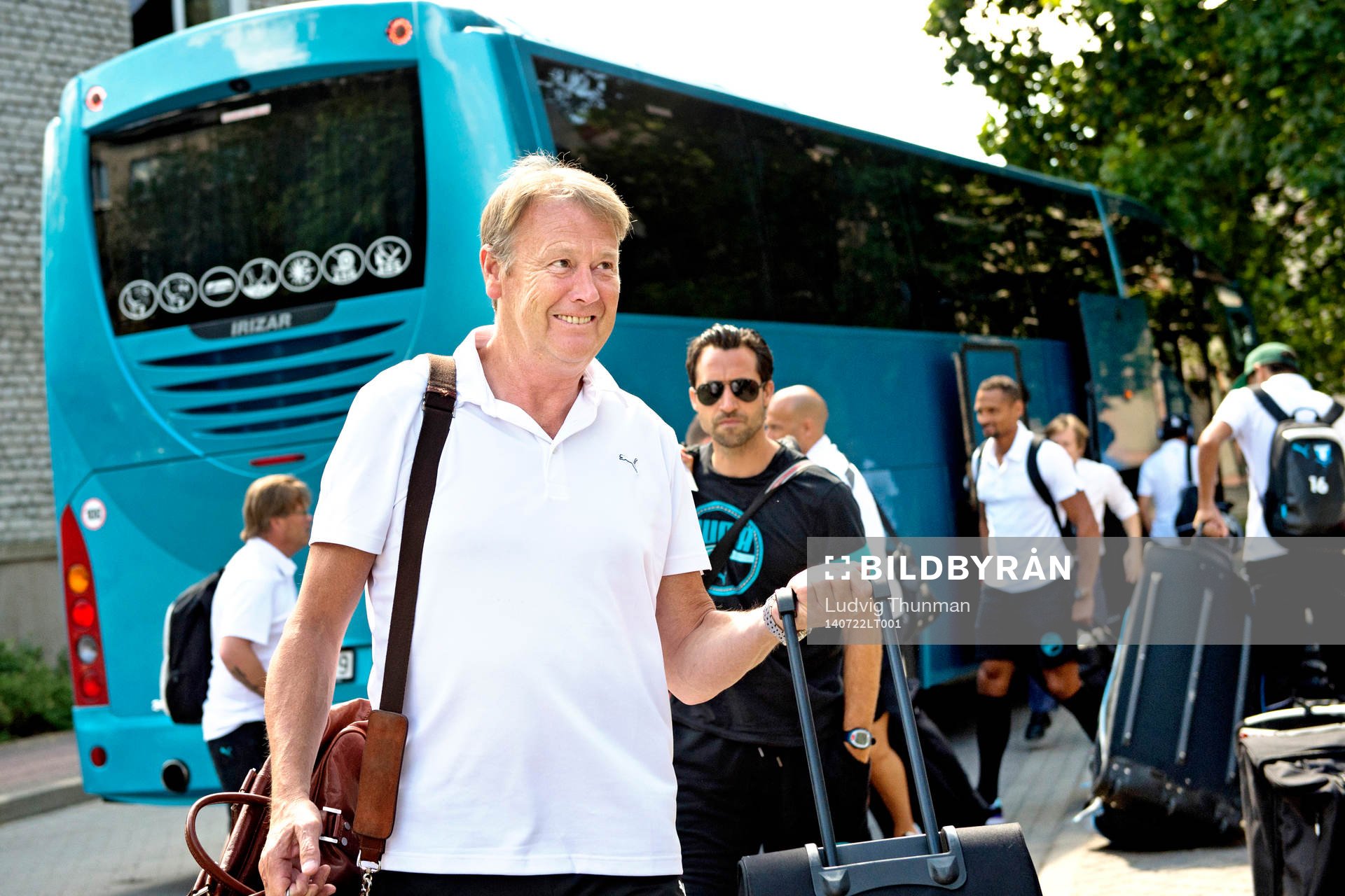 Malmö FFs tränare Åge Hareide anländer till hotellet inför matchen i Champions League mellan Malmö FF och Ventspils den 22 juli 2014 i Ventspils.