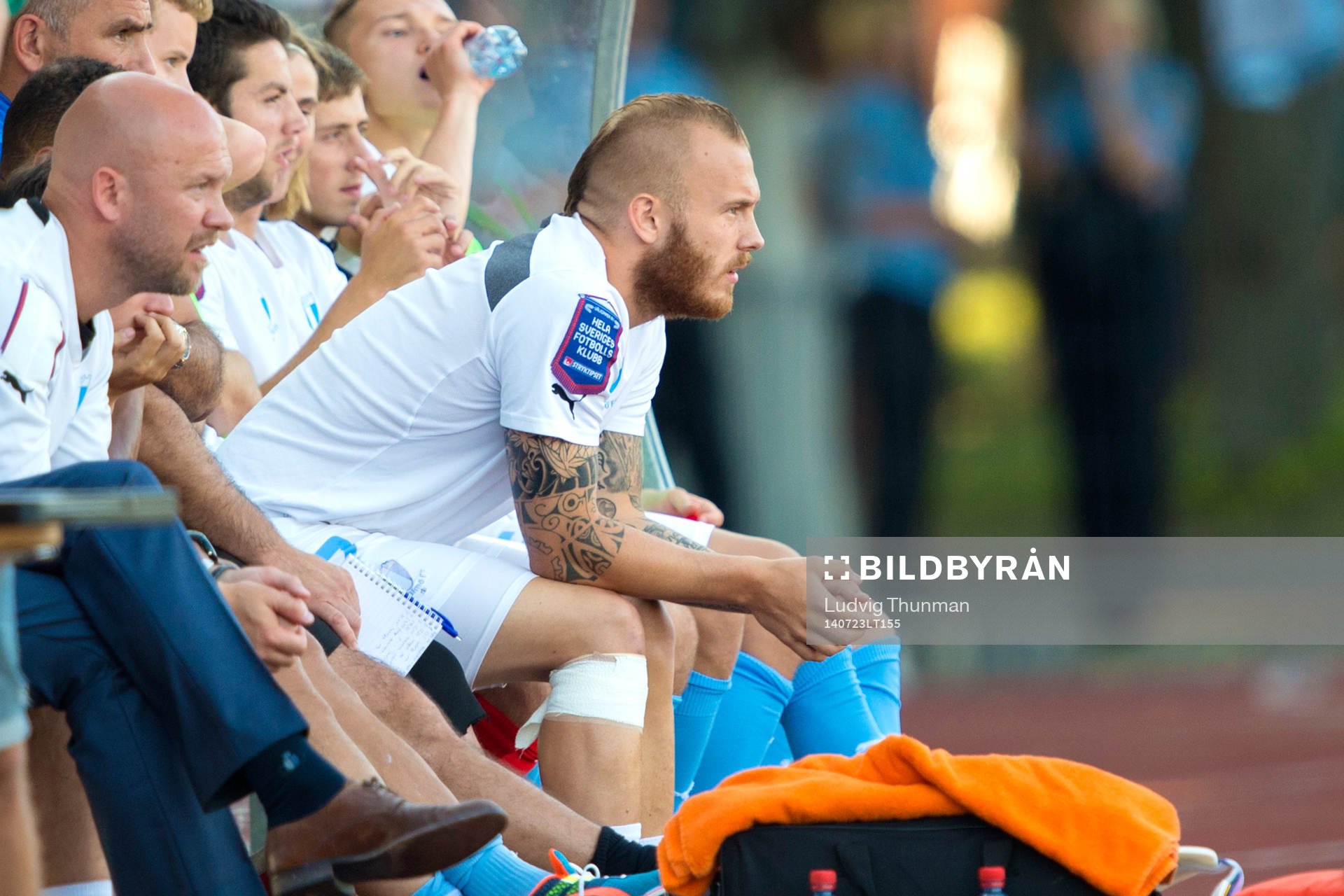 Malmö FFs Magnus Eriksson på bänken under kvalmatchen i Champions League mellan FK Ventspils och Malmö FF den 23 juli 2014 i Ventspils.