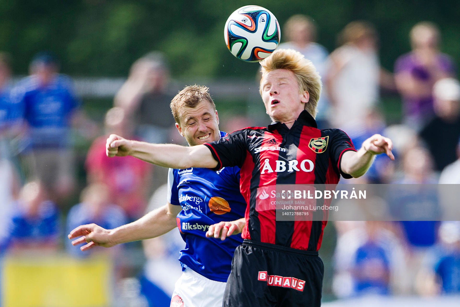 Åtvidabergs Daniel Hallingström i en luftduell mot Brommapojkarnas Gustav Sandberg Magnusson under fotbollsmatchen i Allsvenskan mellan Brommapojkarna och Åtvidaberg den 27 juli 2014 i Stockholm.