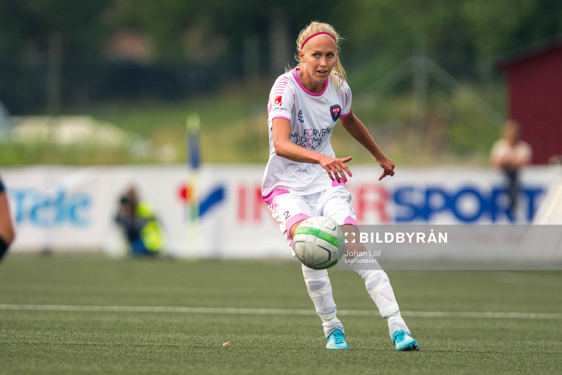 FC Rosengårds Line Röddick Hansen under fotbollsmatchen i Damallsvenskan mellan Umeå och Rosengård den 30 Juli 2014 i Umeå.