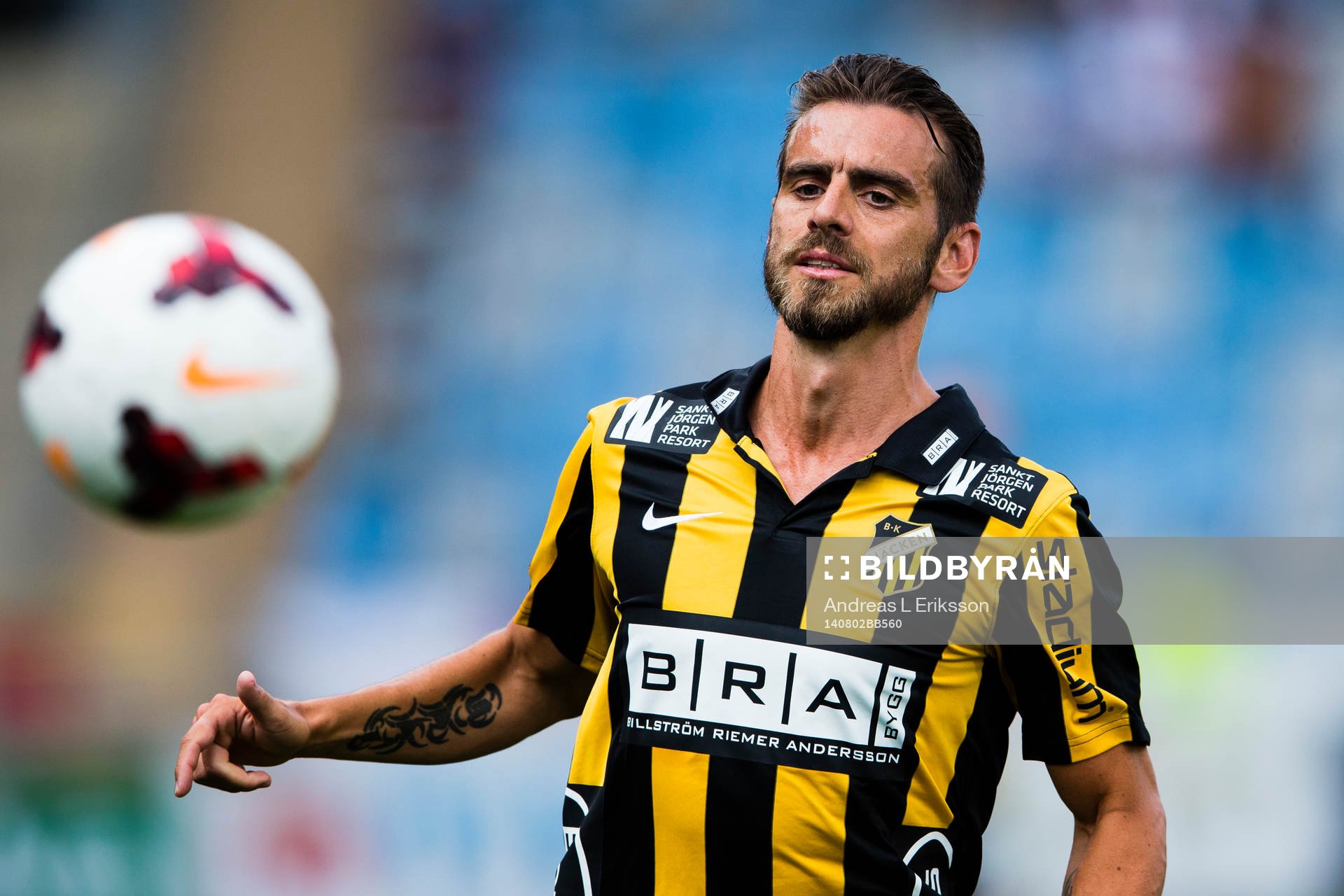 Häckens Björn Anklev under fotbollsmatchen i Allsvenskan mellan Norrköping och Häcken den 2 augusti 2014 i Norrköping. 