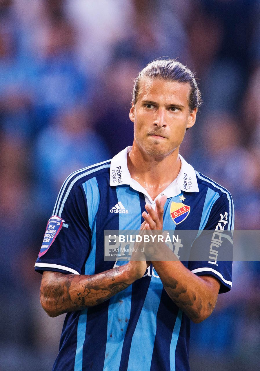 Djurgårdens Aleksandar Prijovic efter fotbollsmatchen i Allsvenskan mellan Djurgården och Helsingborg den 4 augusti 2014 i Stockholm.