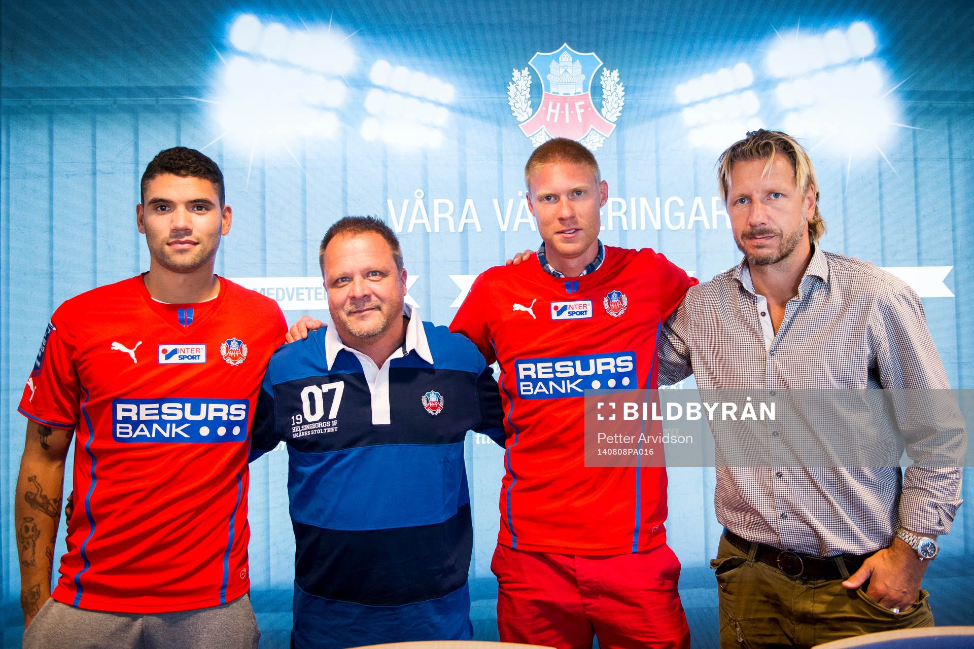 Helsingborgs nyförvärv Victor Pálsson, tränare Roar Hansen, nyförvärv Markus Holgersson och sportchef Jesper Jansson under presskonferens den 8 augusti 2014 i Helsingborg.