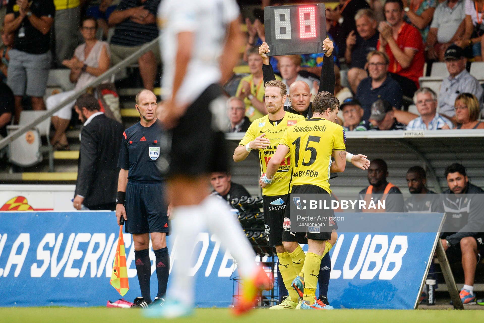 Mjällbys Christian Wilhelmsson byts in under fotbollsmatchen i Allsvenskan mellan Mjällby och Örebro den 9 augusti 2014 i Mjällby.