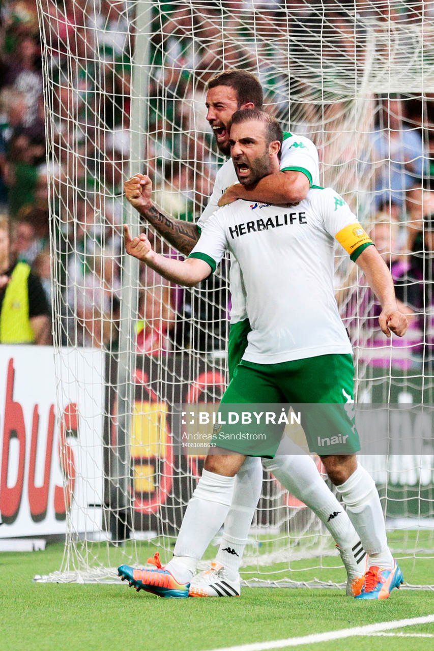 Hammarbys Kennedy Bakircioglu och Andreas Haddad jublar efter kvitteringen till 2-2 under fotbollsmatchen i Superettan mellan Hammarby och Sundsvall den 10 Augusti 2014 i Stockholm.