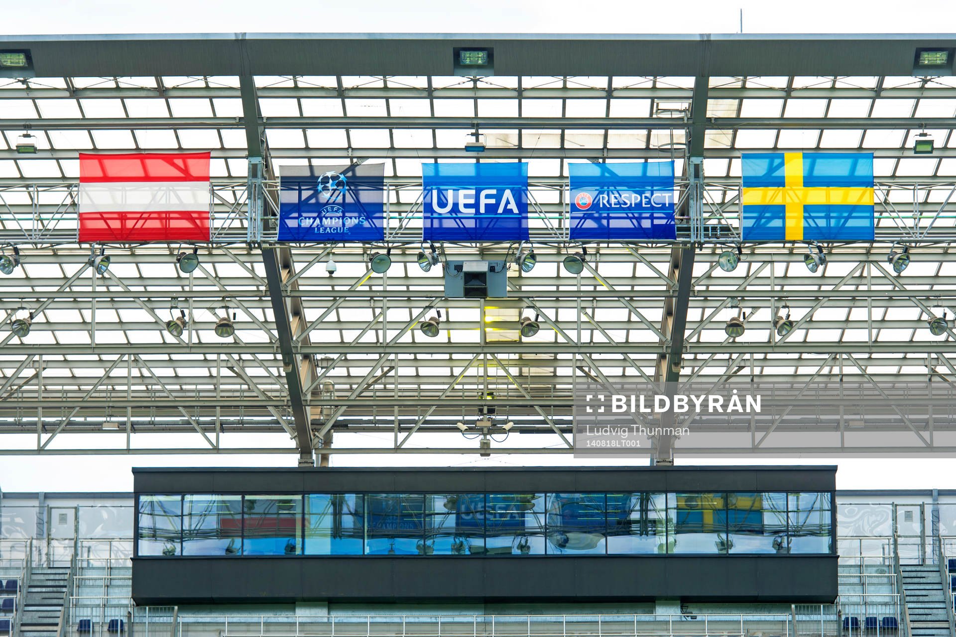 Österrikes, UEFAs och den svenska flaggan hänger på Red Bull Arena inför en presskonferens inför matchen i kvalet till Champions League mellan Red Bull Salzburg och Malmö FF den 18 augusti 2014 i Salzburg.