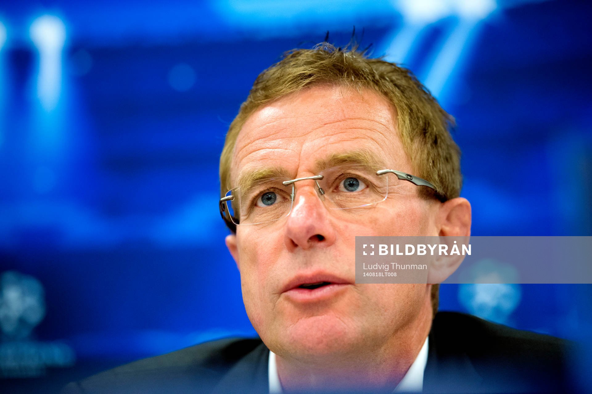 Red Bull Salzburgs sportchef Ralf Rangnick under en presskonferens inför matchen i kvalet till Champions League mellan Red Bull Salzburg och Malmö FF den 18 augusti 2014 i Salzburg.