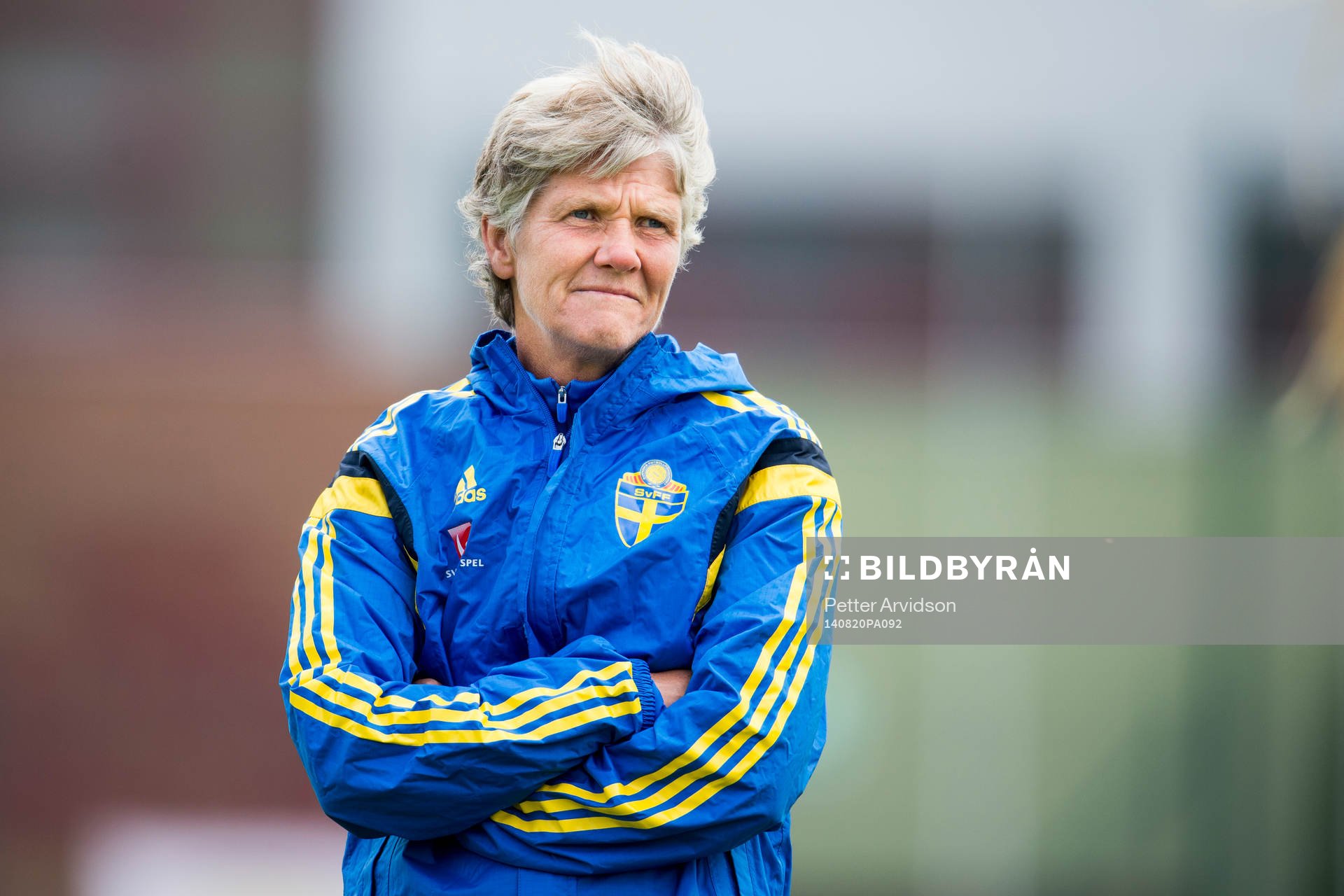 Sveriges förbundskapten Pia Sundhage under en träning inför VM-kvalmatchen mot Polen den 20 augusti 2014 i Gdansk.