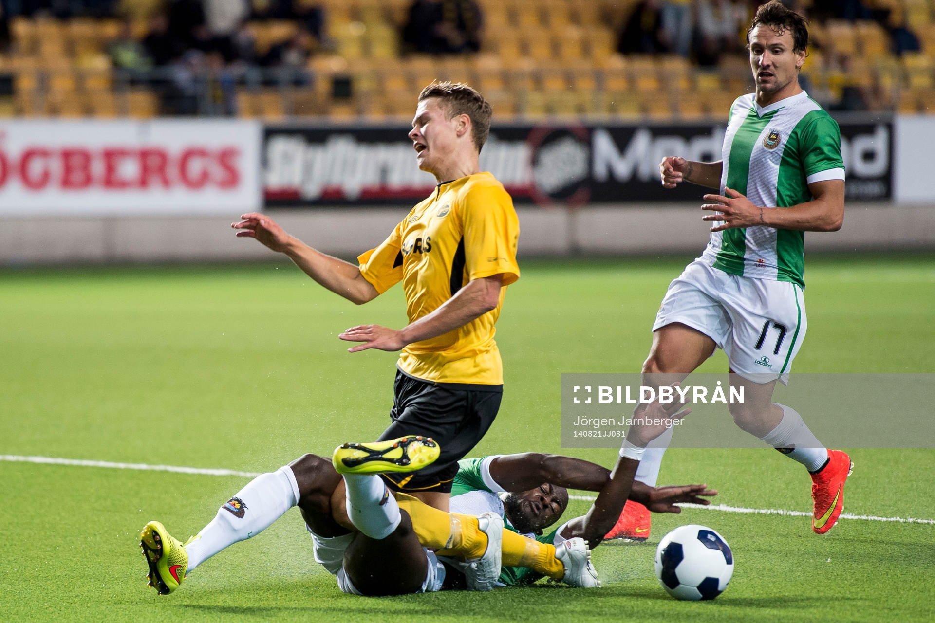 Rio Aves Prince-Desiré Gouano bryter boll av Elfsborgs Viktor Claesson i straffområdet under fotbollsmatchen i Europa league mellan IF Elfsborg och Rio Ave FC den 21 juli 2014 i Borås.