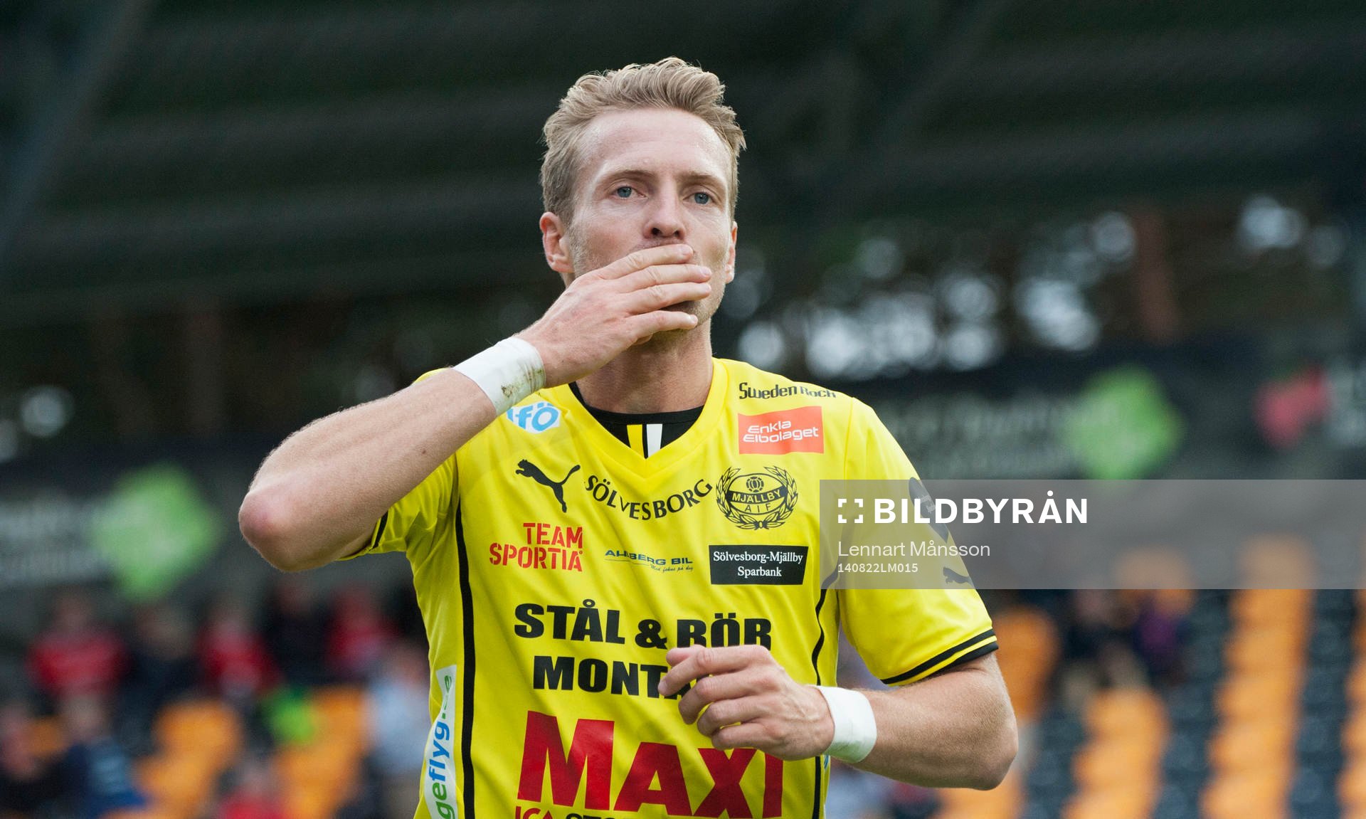 Mjällbys Christian Wilhelmsson har gjort 1-0 i matchen i allsvenskan mellan Mjällby och Helsingborg i Hällevik 22 augusti 2014.