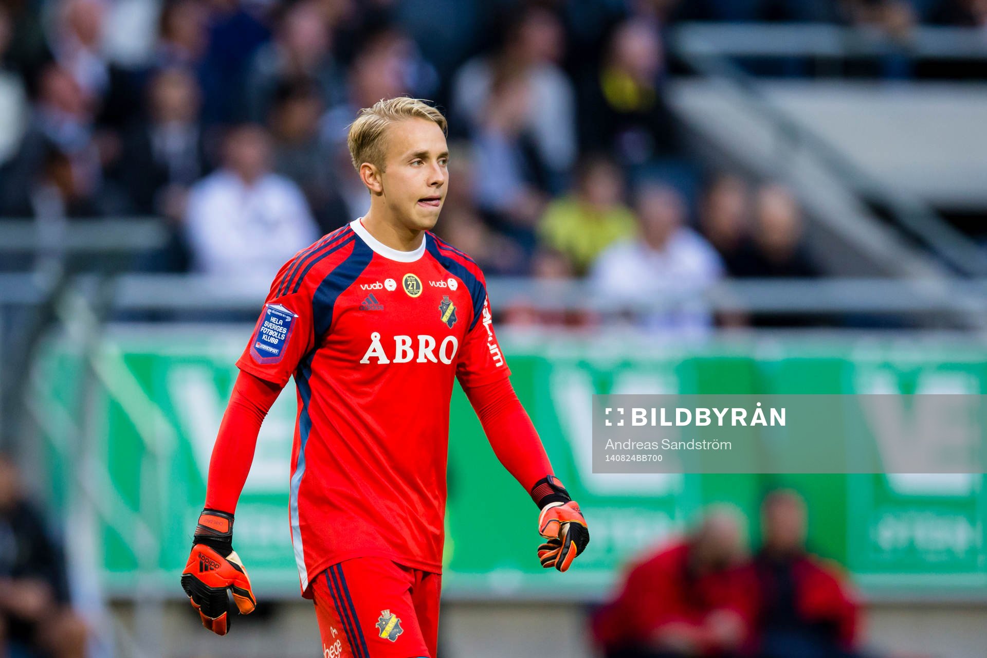 AIK:s målvakt Patrik Carlgren under fotbollsmatchen i Allsvenskan mellan AIK och BK Häcken den 24 Augusti 2014 i Stockholm. 