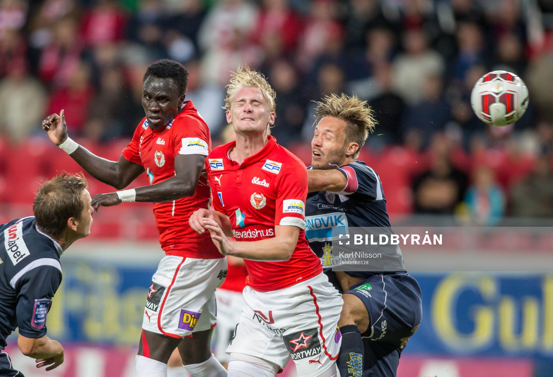 Kalmars Papa Alioune Diouf och Kalmars Ludvig Öhman under fotbollsmatchen i Allsvenskan mellan Kalmar och Gefle den 25 augusti 2014 i Kalmar.