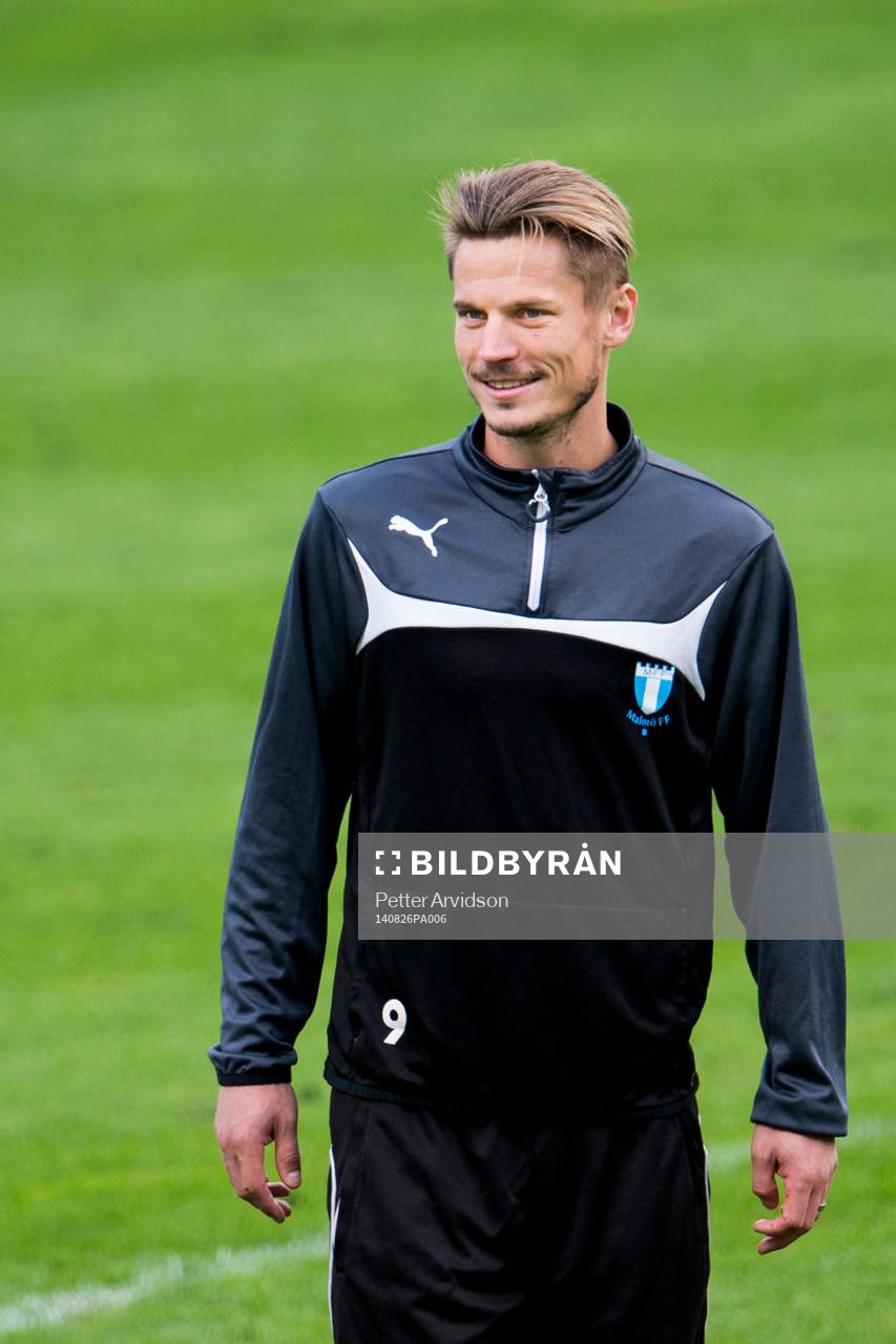 Malmö FFs Markus Rosenberg under en träning inför matchen i kvalet till Champions League mellan Malmö FF och Red Bull Salzburg den 26 augusti 2014 i Malmö.