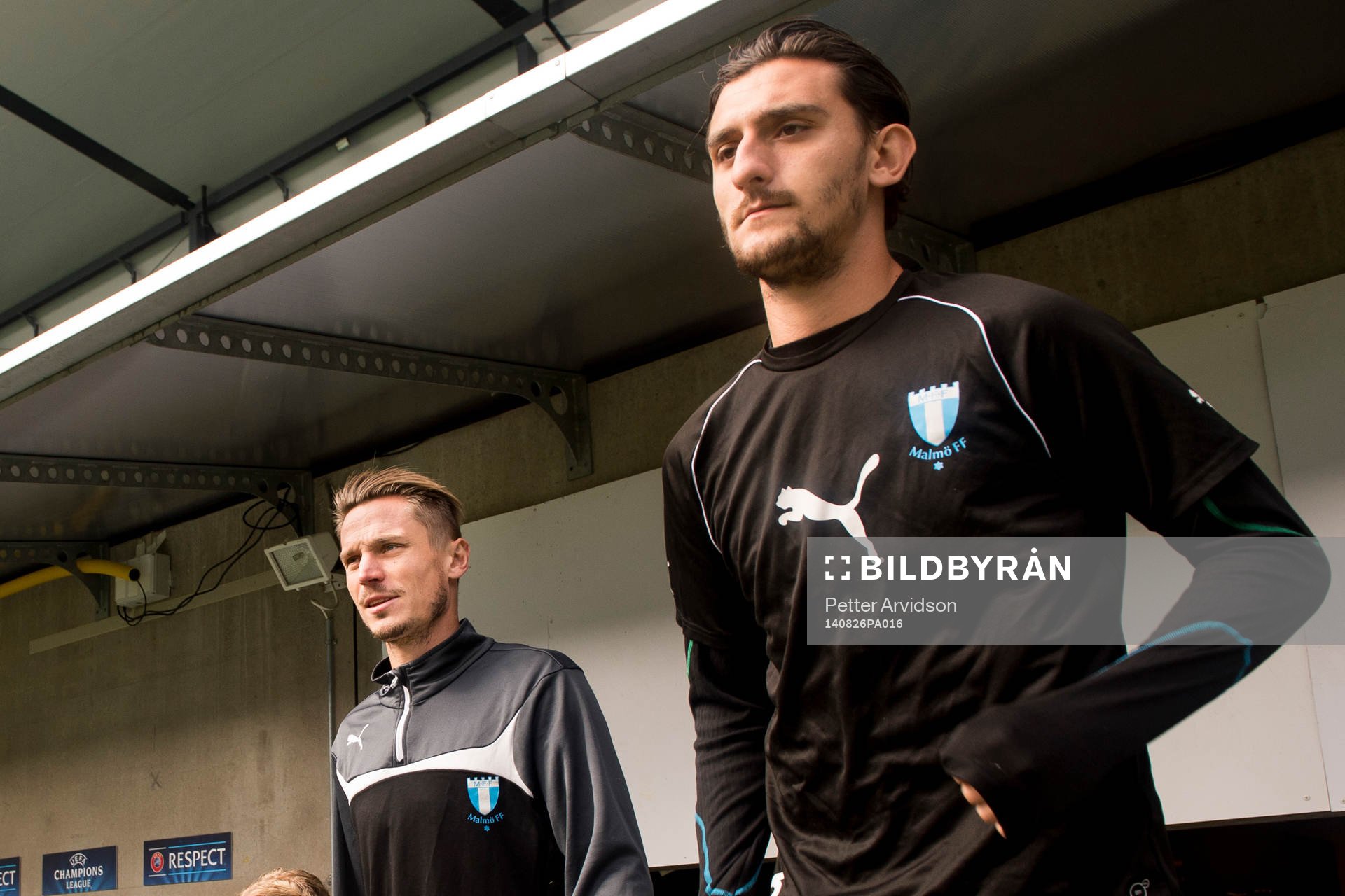 Malmö FFs Markus Rosenberg och Agon Mehmeti inför en träning inför matchen i kvalet till Champions League mellan Malmö FF och Red Bull Salzburg den 26 augusti 2014 i Malmö.