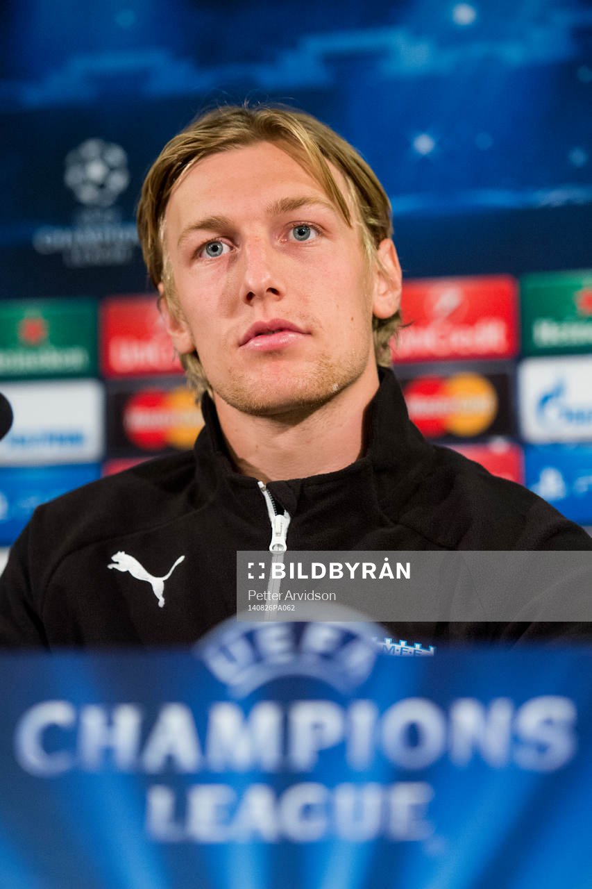 Malmö FFs Emil Forsberg under en presskonferens inför matchen i kvalet till Champions League mellan Malmö FF och Red Bull Salzburg den 26 augusti 2014 i Malmö.