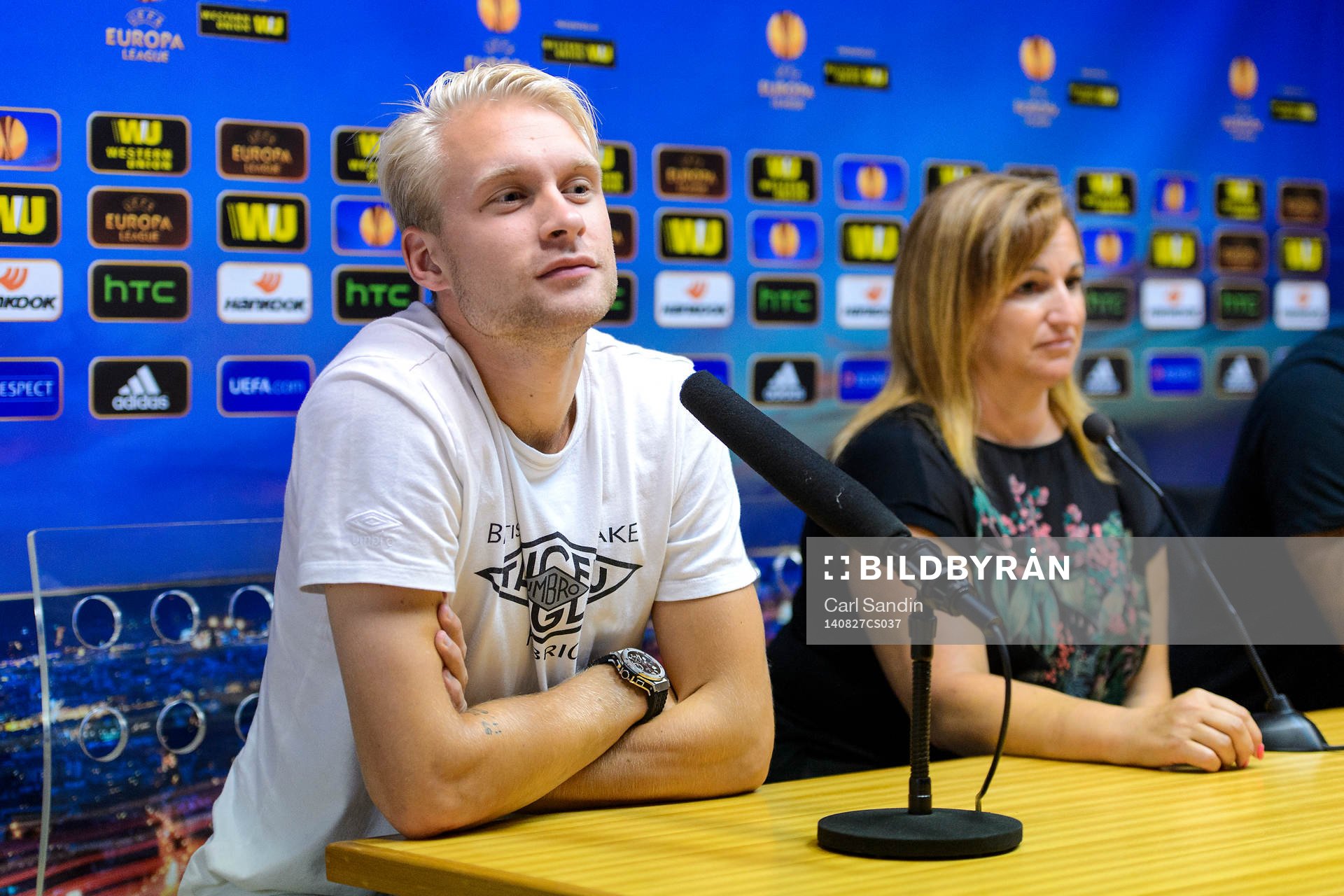 Elfsborgs Johan Larsson på en presskonferens inför playoff-matchen till Europa League den 27 augusti 2014 i Vila do Conde, Portugal.