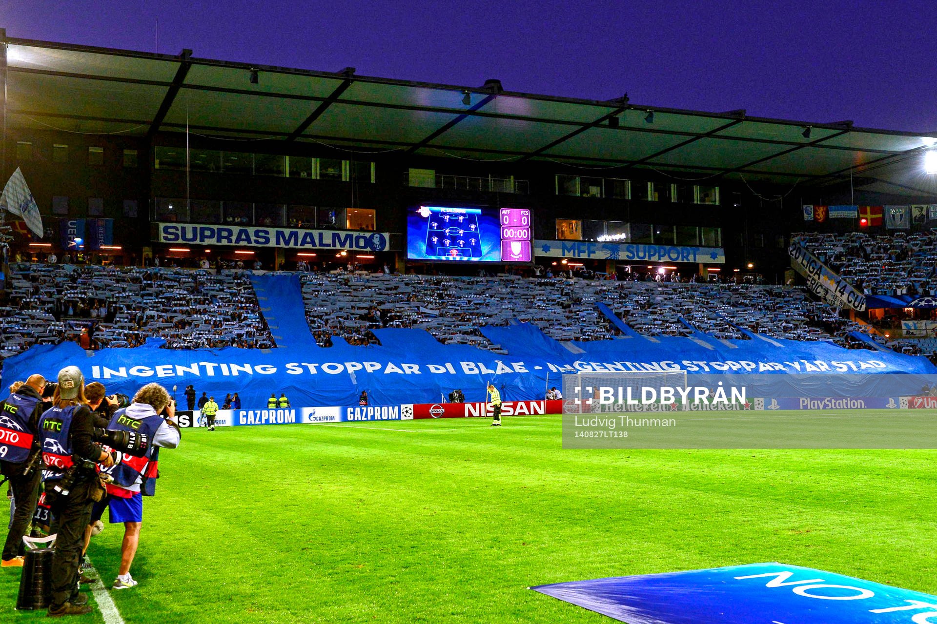 Malmö FFs klackens tifo under kvalmatchen i Champions League mellan Malmö FF och Red Bull Salzburg den 27 augusti 2014 i Malmö.