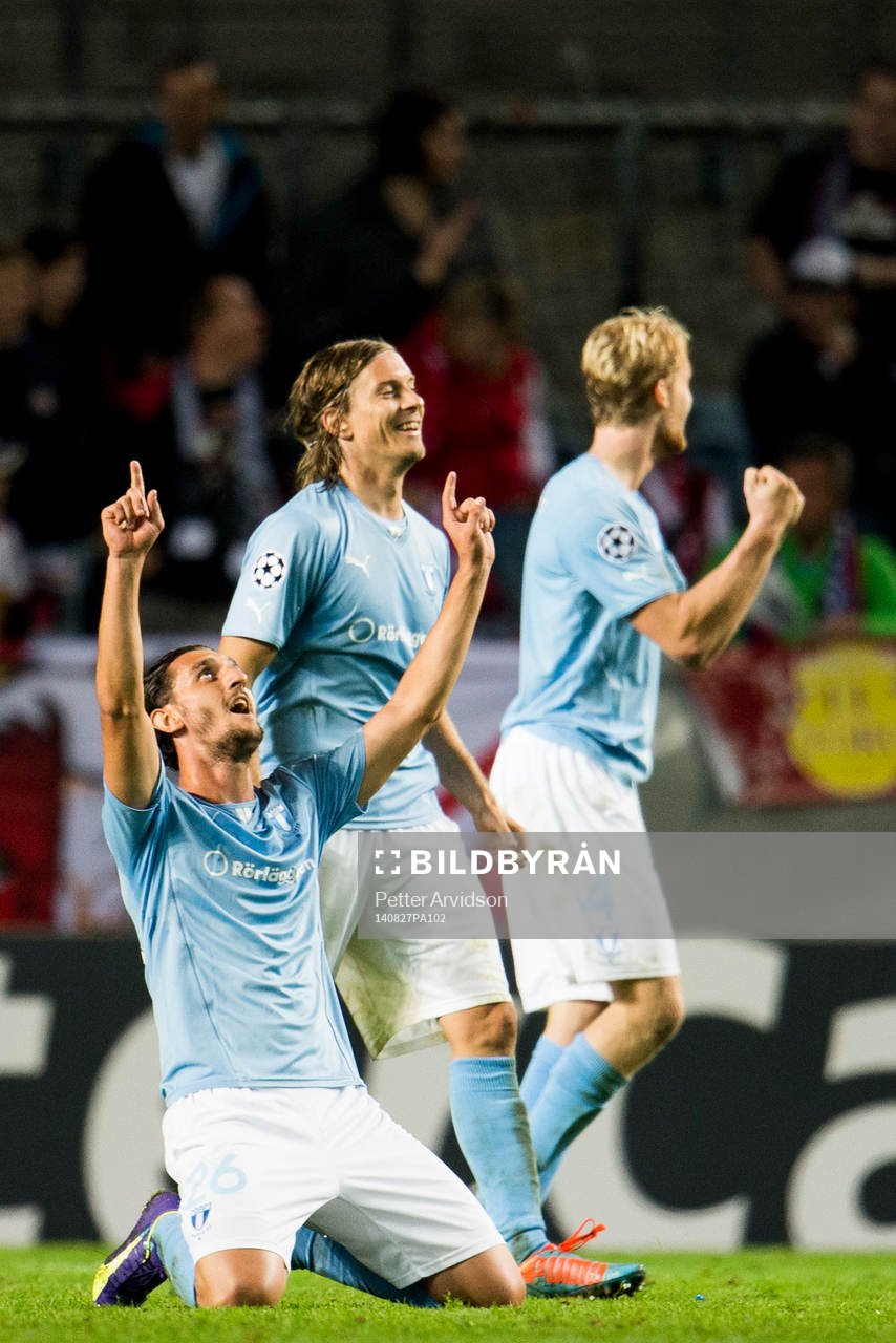 Malmö FFs Agon Mehmeti, Markus Halsti och Filip Helander