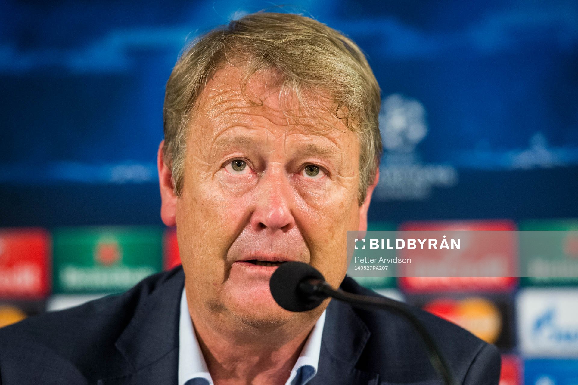 Malmö FFs tränare Åge Hareide under en presskonferens efter kvalmatchen i Champions League mellan Malmö FF och Red Bull Salzburg den 27 augusti 2014 i Malmö.