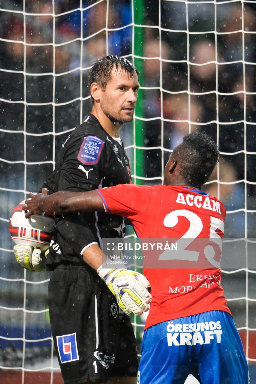 Helsingborgs David Accam försöker hämta bollen men Halmstads målvakt Stojan Lukic vill inte ge bort den under fotbollsmatchen i Allsvenskan mellan Helsingborg och Halmstad den 29 augusti 2014 i Helsingborg.