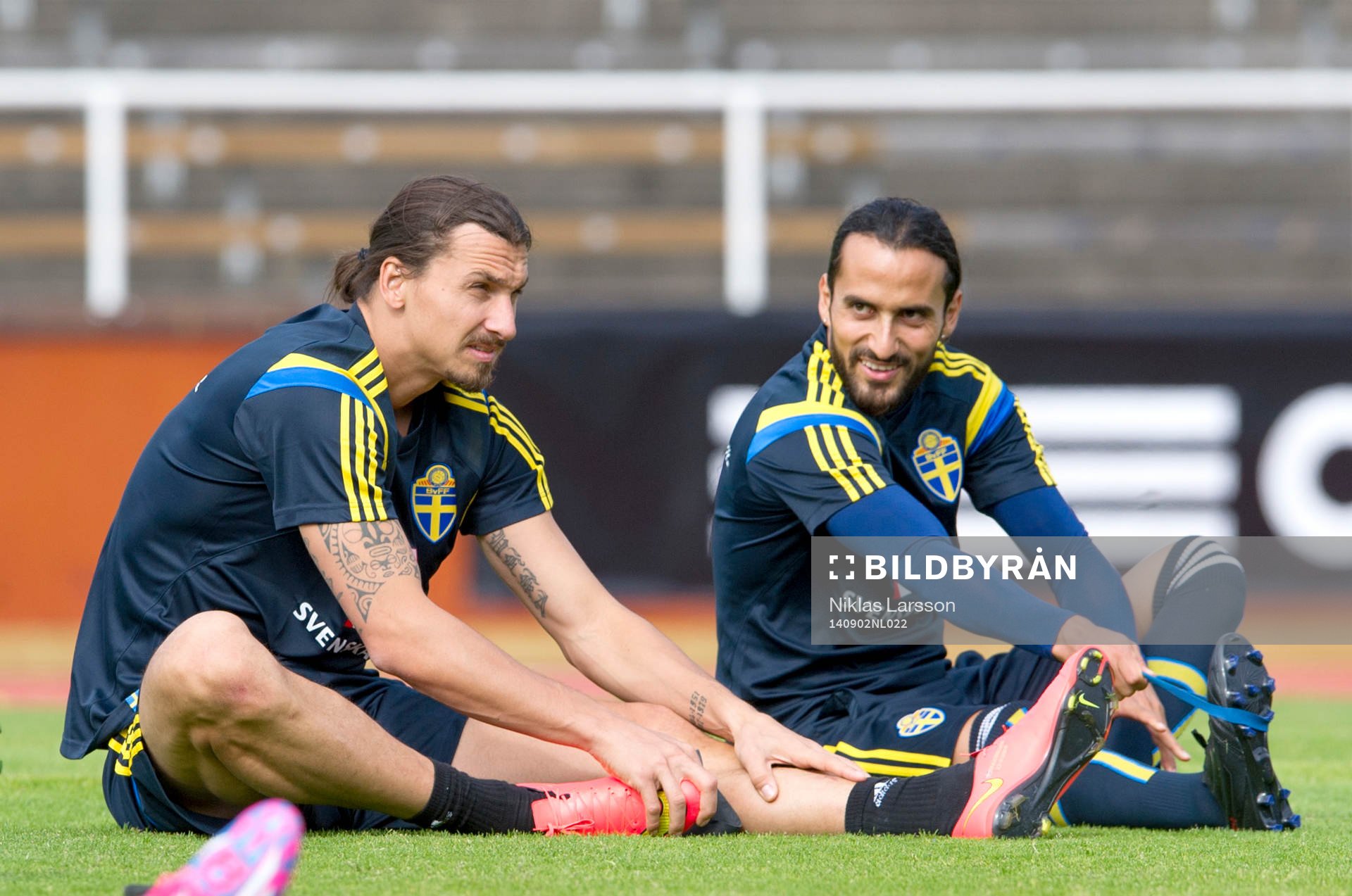 Sveriges Zlatan Ibrahimovic och Erkan Zengin  under en träning med det Svenska fotbollslandslaget den 02 september 2014 i Stockholm.