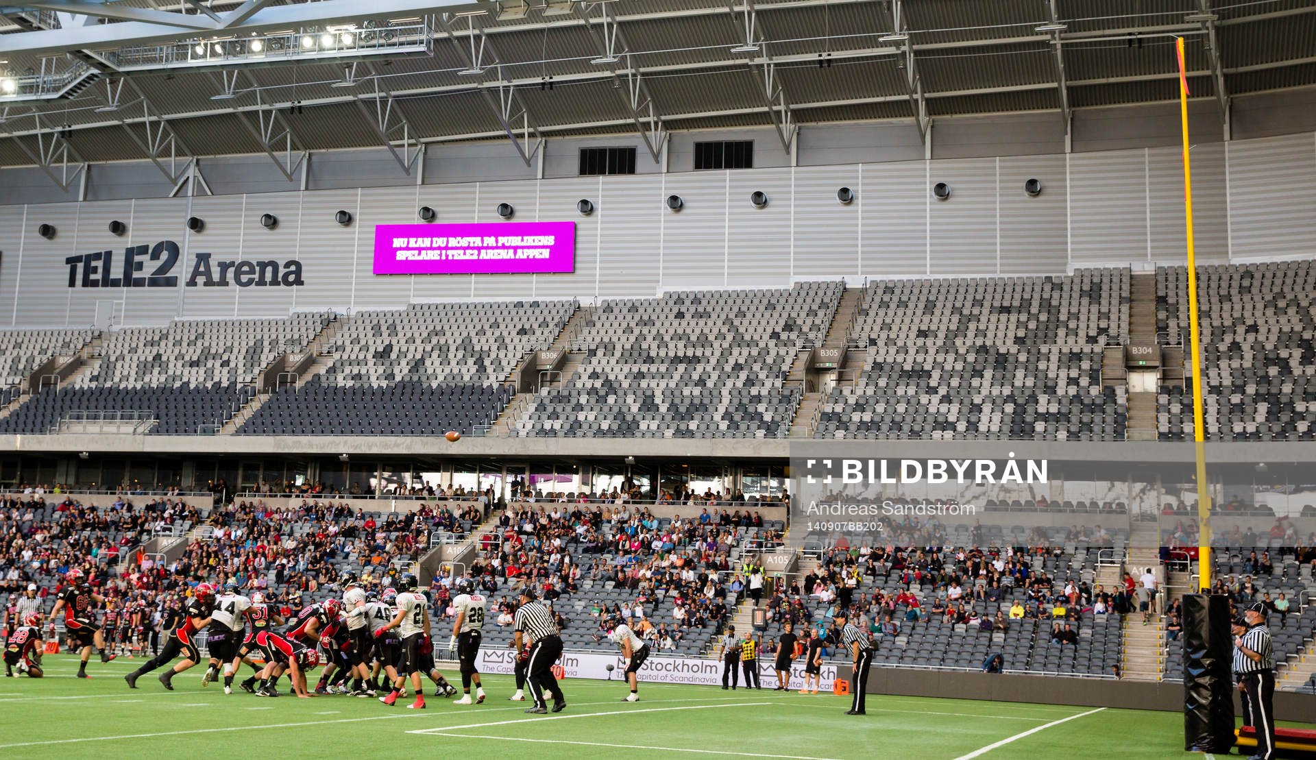 Generell vy över Tele2 Arena under SM-Final XXIX i Amerikansk fotboll mellan Carlstad Crusaders och Örebro Black Knights den 7 September 2014 i Stockholm.